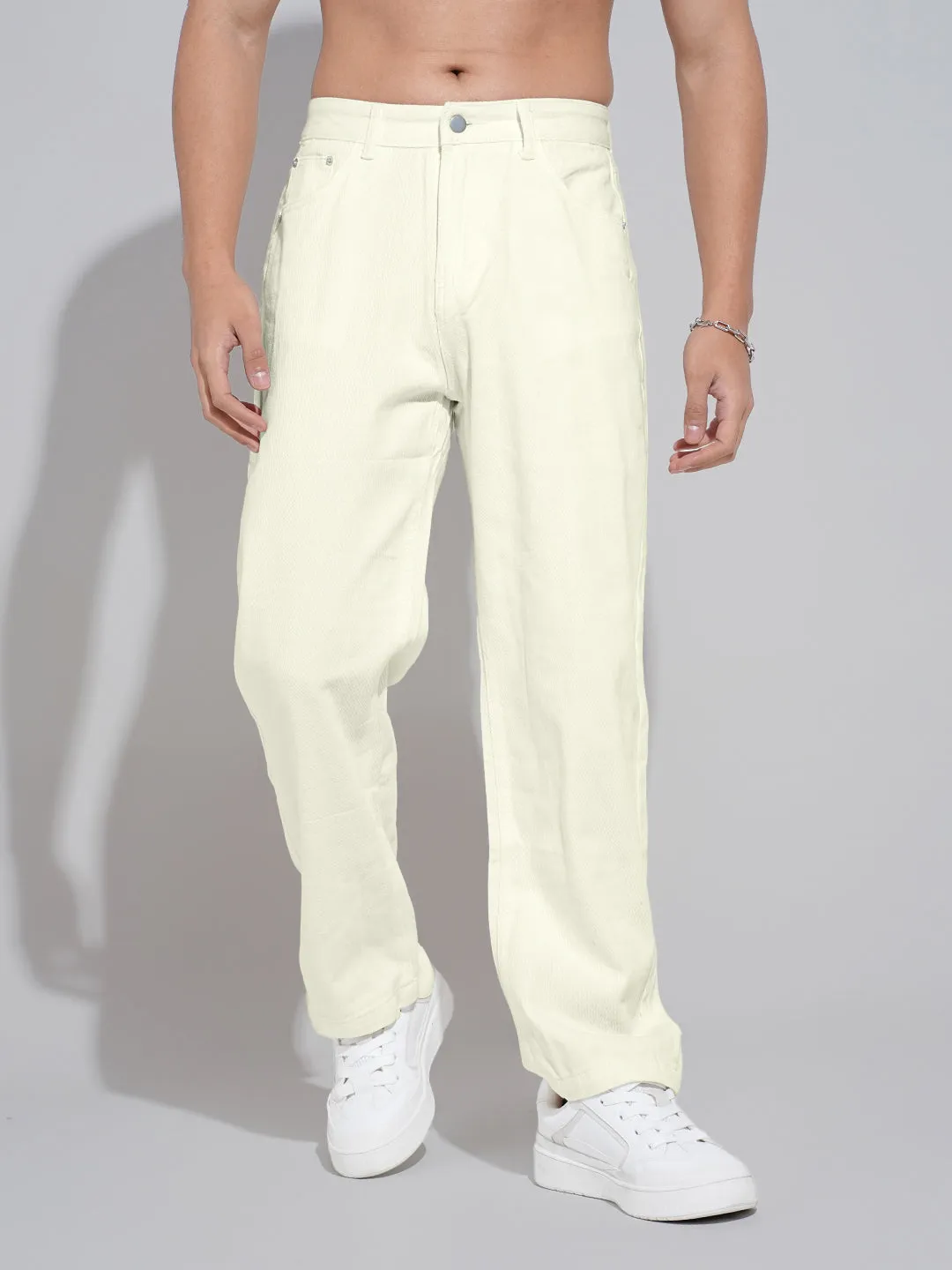 Sleek Look Built For Life Men's Cream Straight Fit Denim Jeans