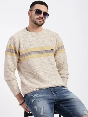 Waffle Knit Texture Men's Cream Striped Round Neck Cotton Sweater