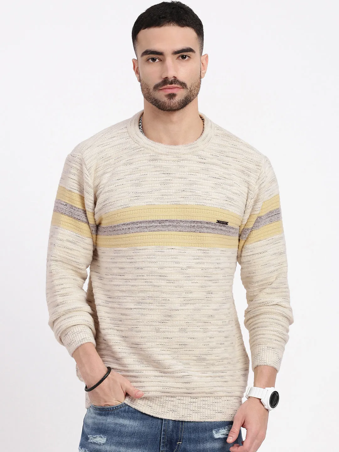 Smart Pick Men's Cream Striped Round Neck Cotton Sweater