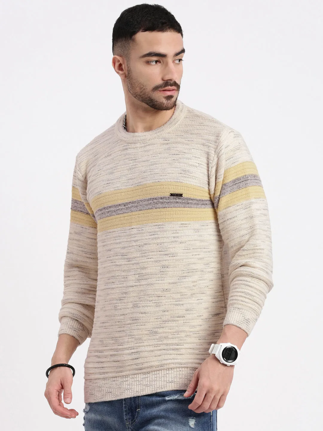 Men's Cream Striped Round Neck Cotton Sweater Urban Classic LowImpact Dye Process
