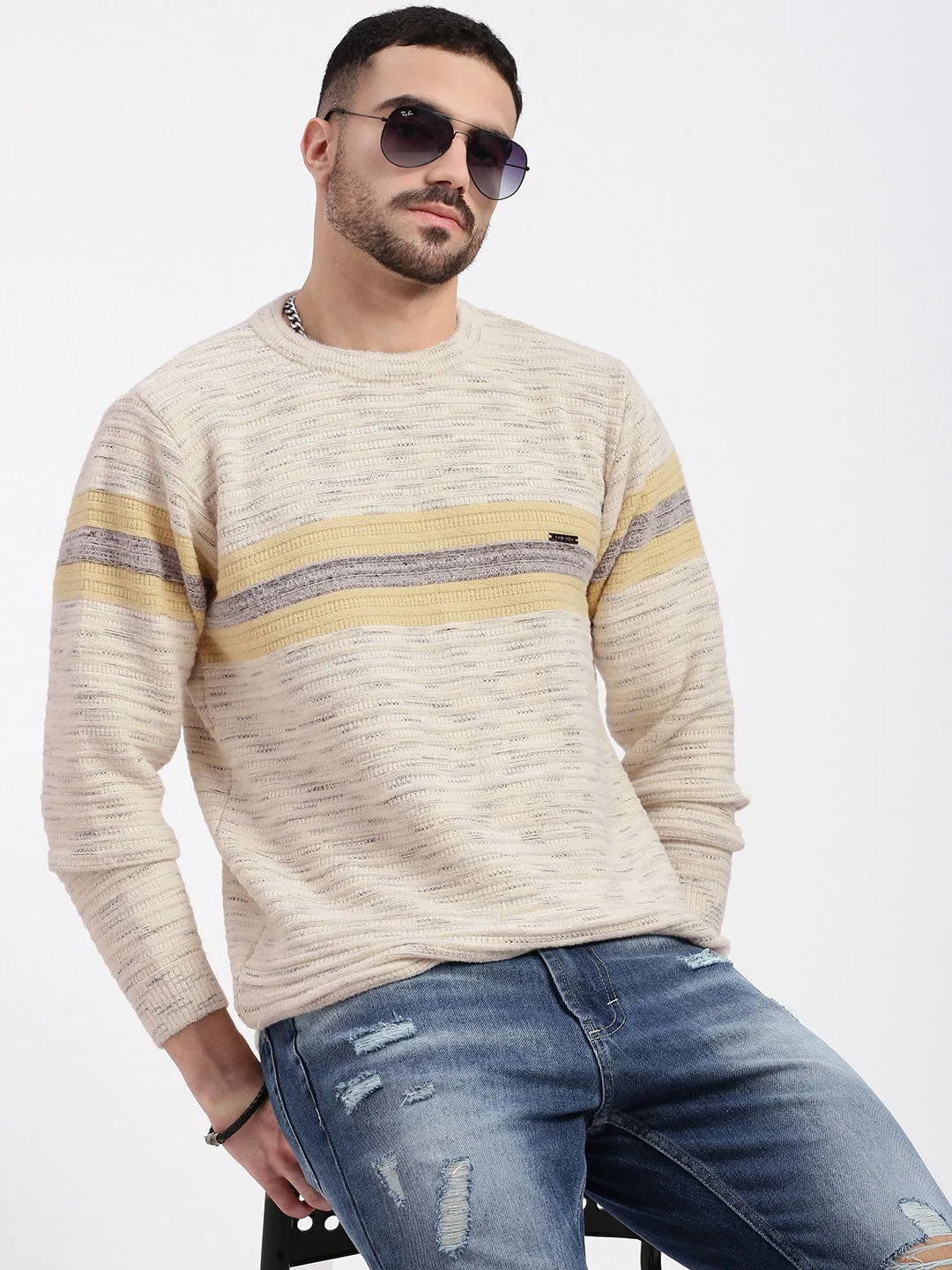 Waffle Knit Texture Men's Cream Striped Round Neck Cotton Sweater