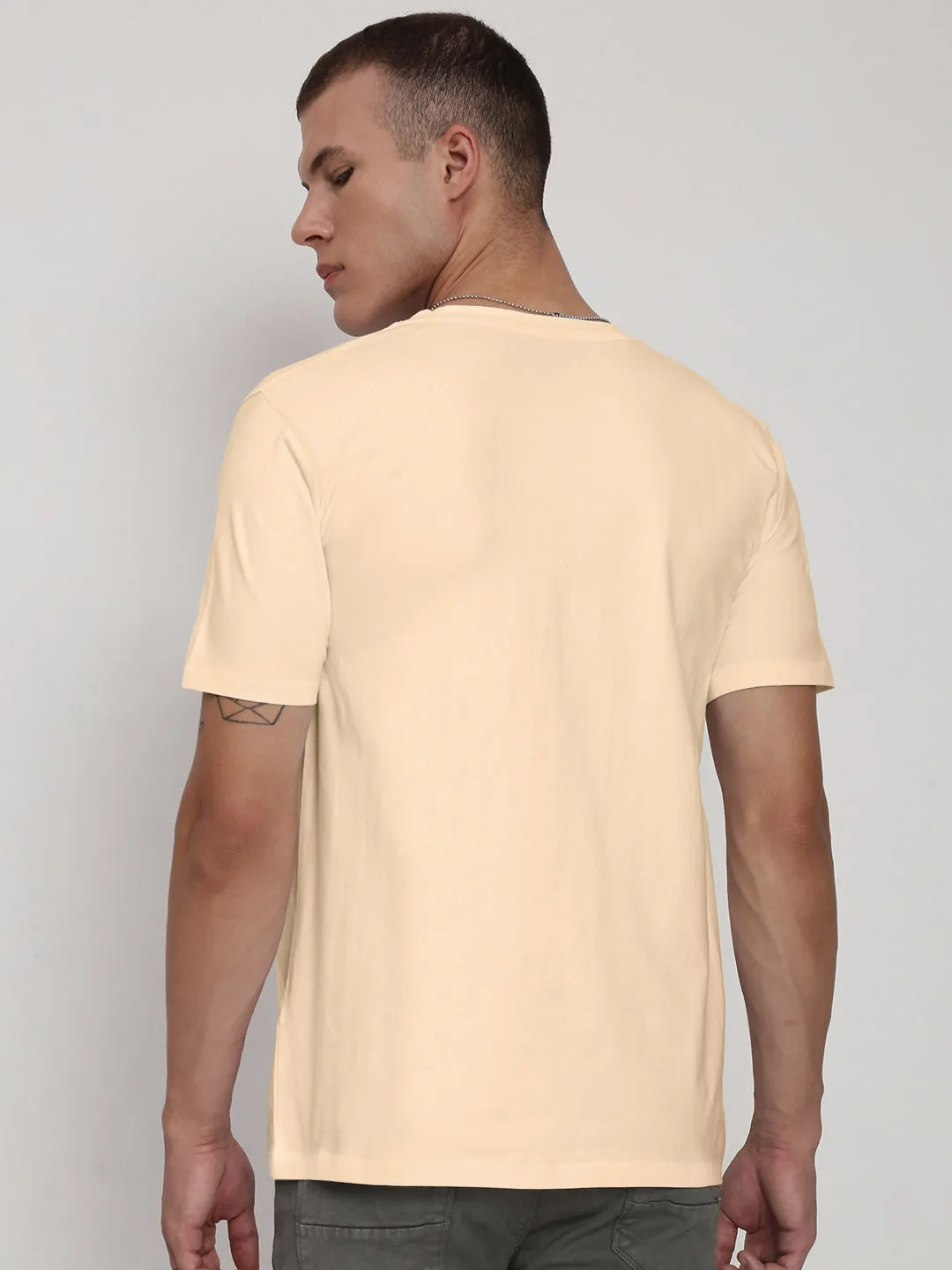 Men's Cream V-Neck Regular Fit T-Shirt TaglessDesign