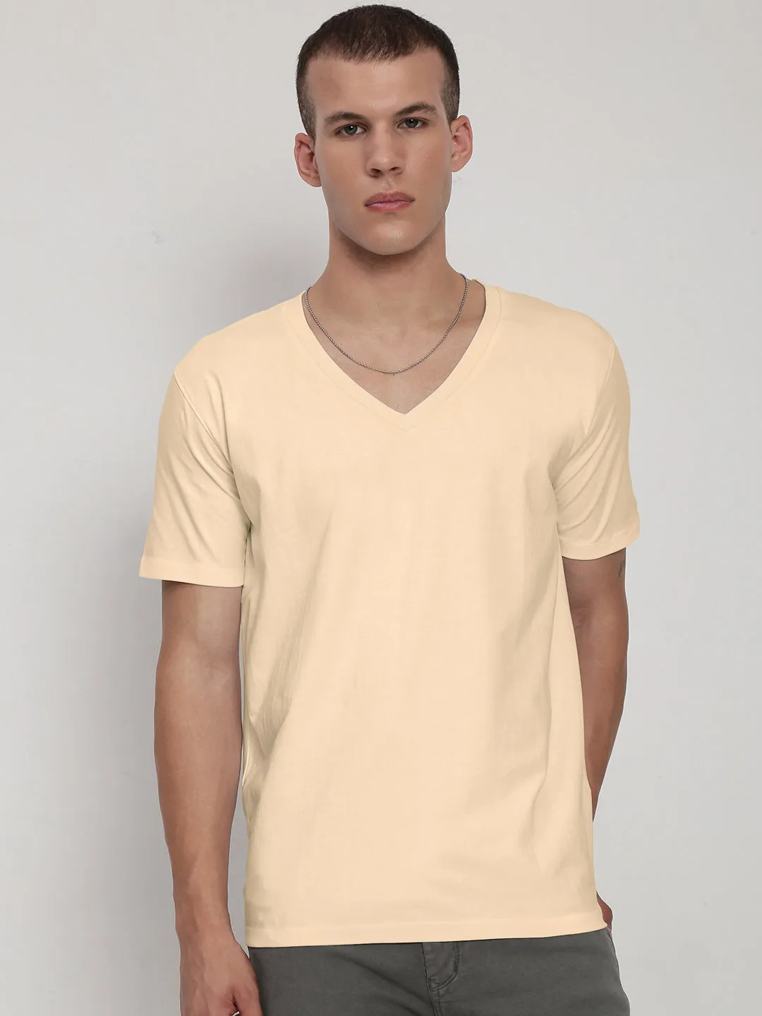 Men's Cream V-Neck Regular Fit T-Shirt Moon Cool