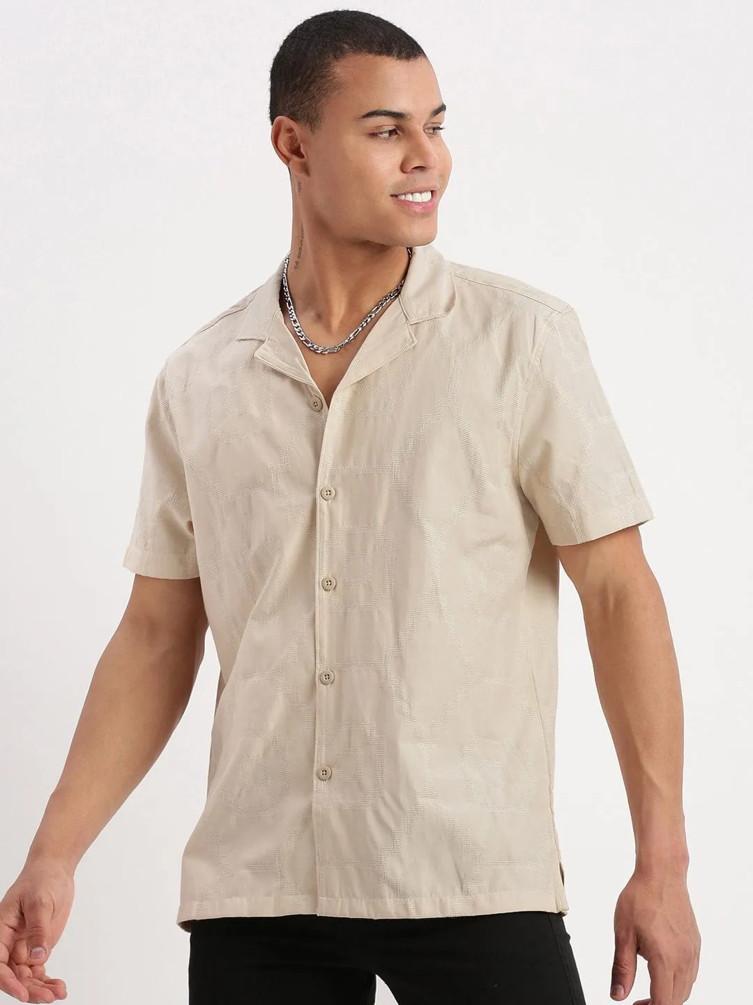 Kid Play Men's Cuban Collar Solid Beige Cotton Shirt