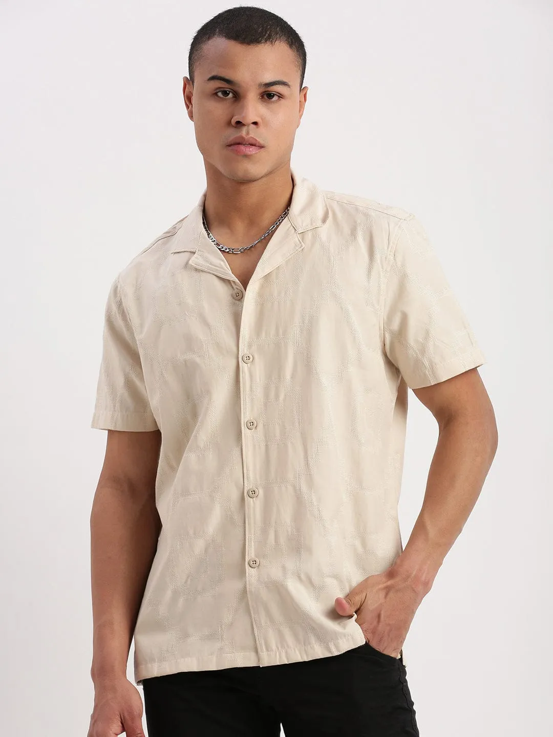 Antistatic Wild Mood Men's Cuban Collar Solid Beige Cotton Shirt
