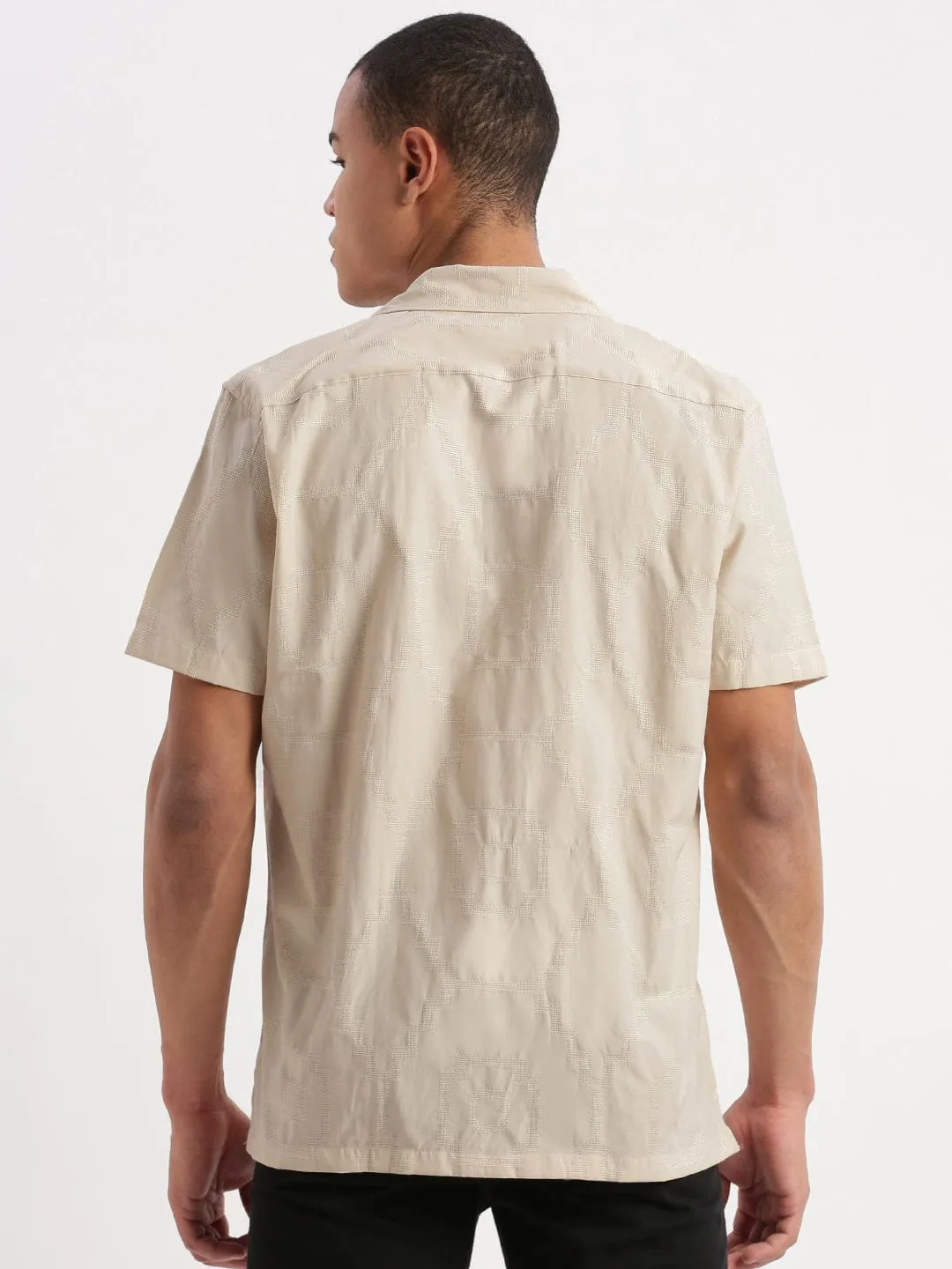 Formal Attire Romance Air Men's Cuban Collar Solid Beige Cotton Shirt