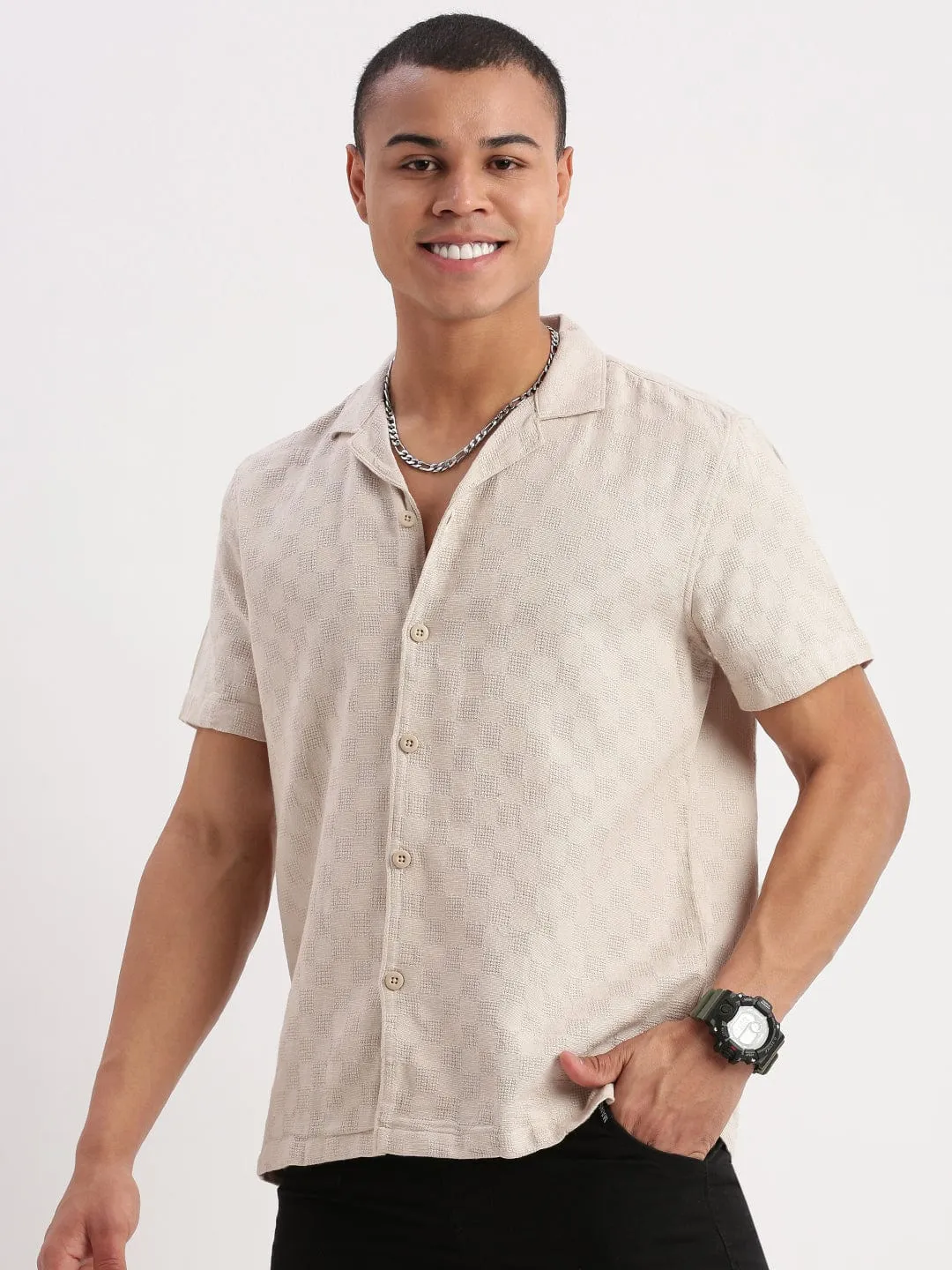 Vintage Style Group Mood Men's Cuban Collar Solid Beige Shirt