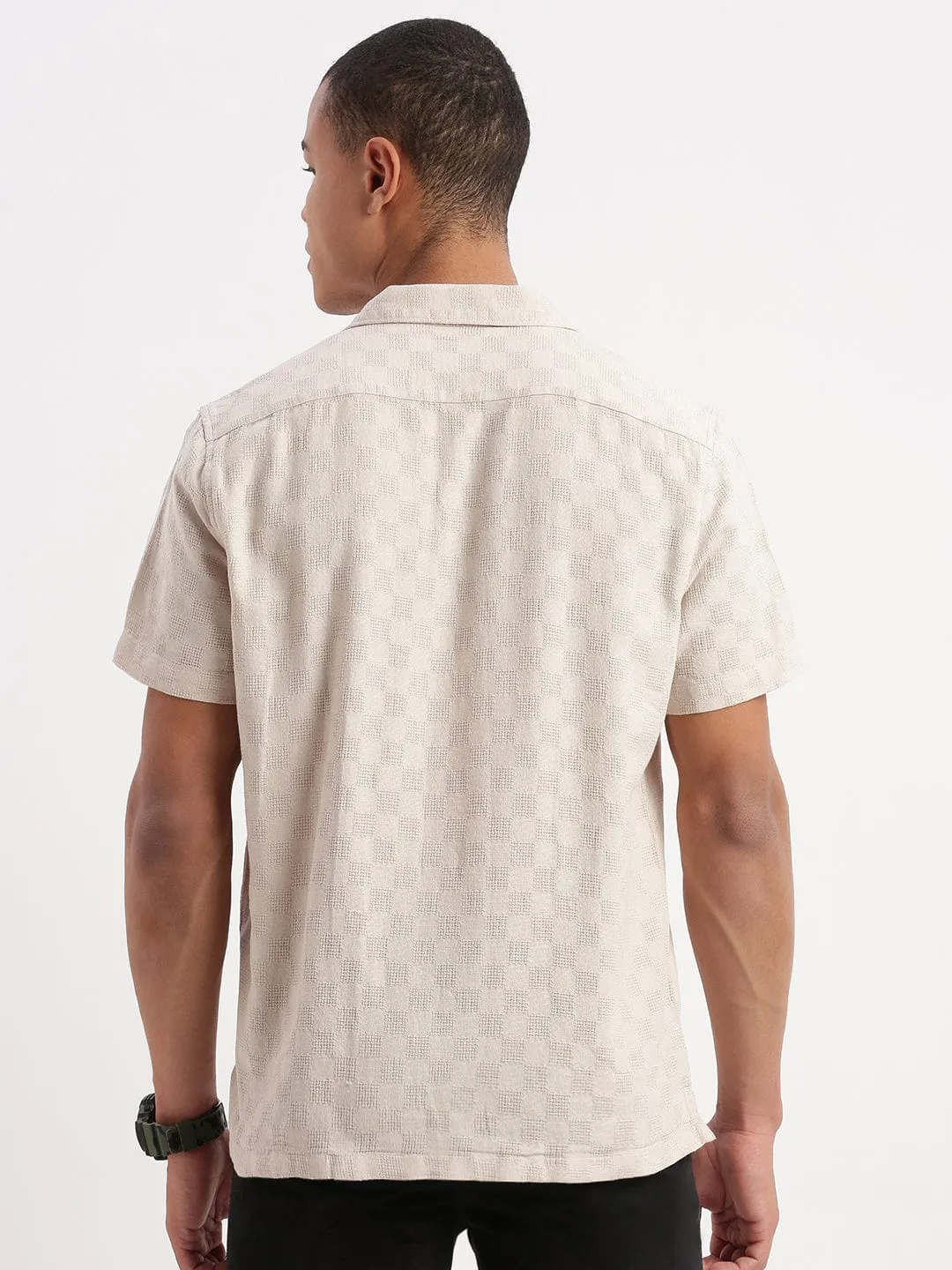 Men's Cuban Collar Solid Beige Shirt Planet Glow