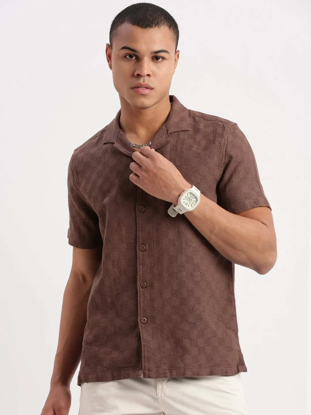 Flexible Outerwear Men's Cuban Collar Solid Brown Shirt