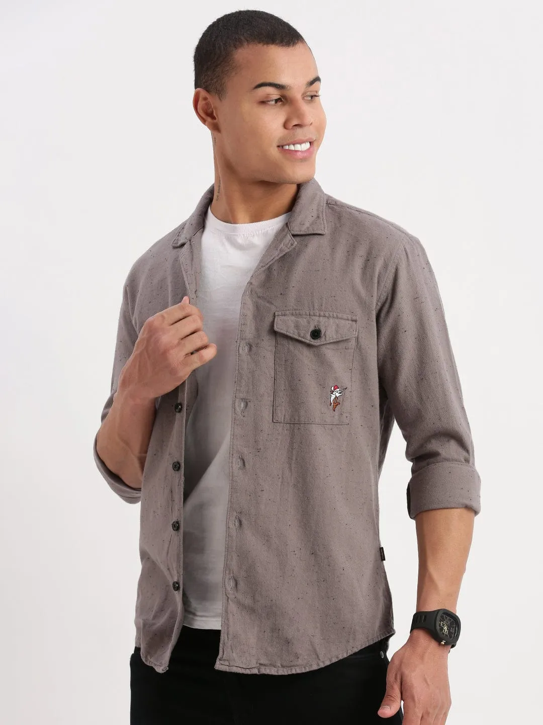 LightweightWeave Men's Cuban Collar Solid Grey Oversized Shirt