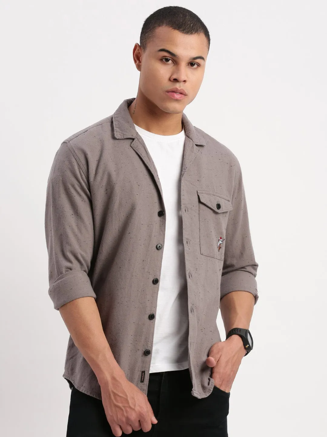 AllDayComfort Clean Cut Men's Cuban Collar Solid Grey Oversized Shirt