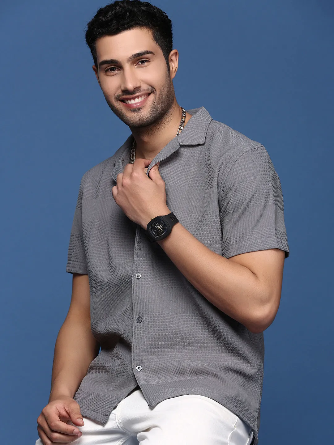 Men's Cuban Collar Solid Grey Relaxed Fit Shirt Light Core