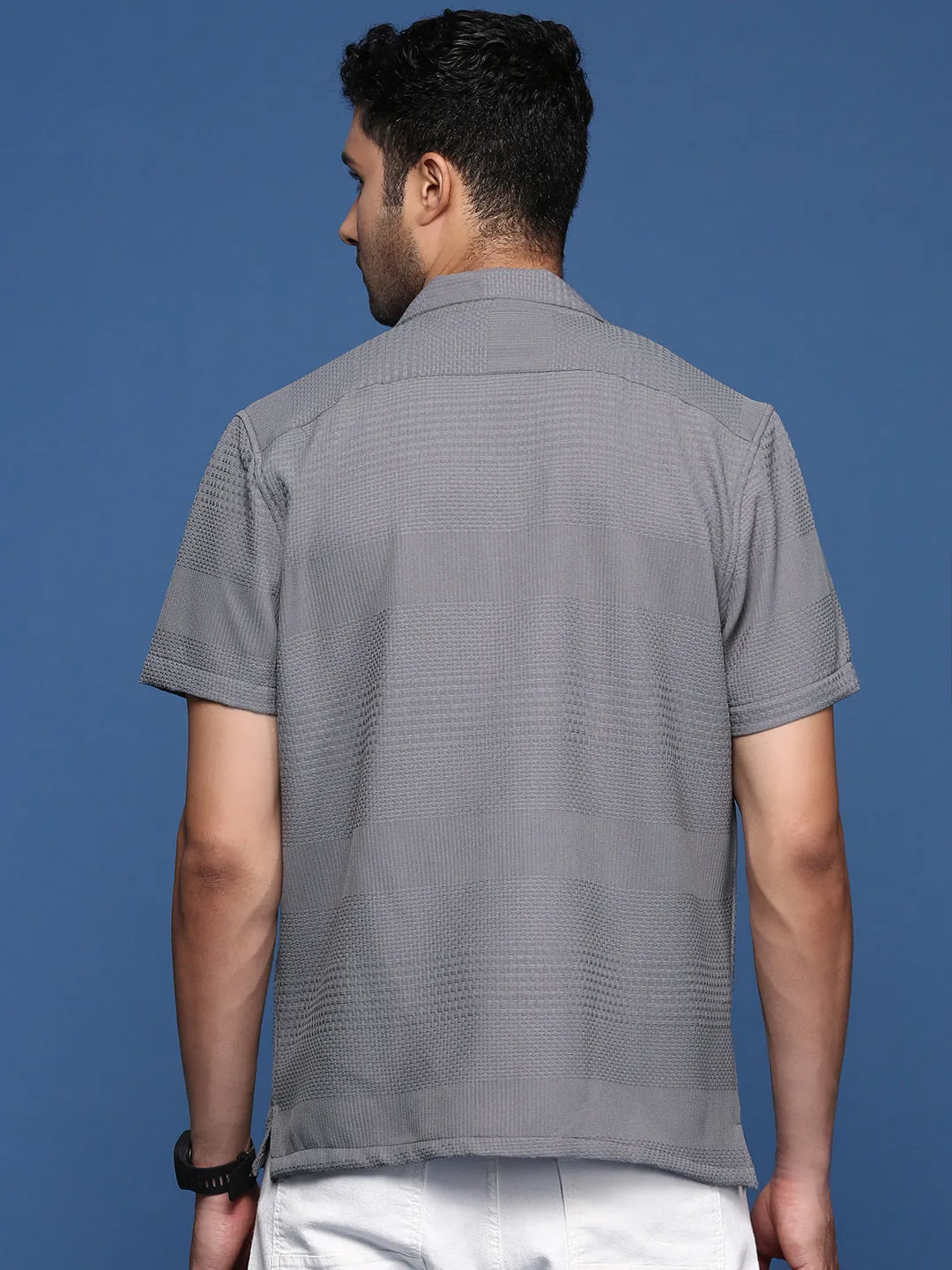 HighDensity Weave Bold Fashion Men's Cuban Collar Solid Grey Relaxed Fit Shirt