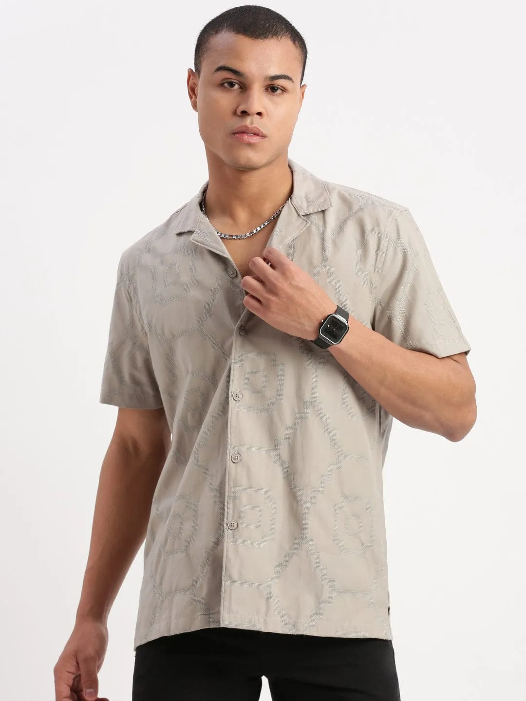 summer shorts Men's Cuban Collar Solid Grey Shirt