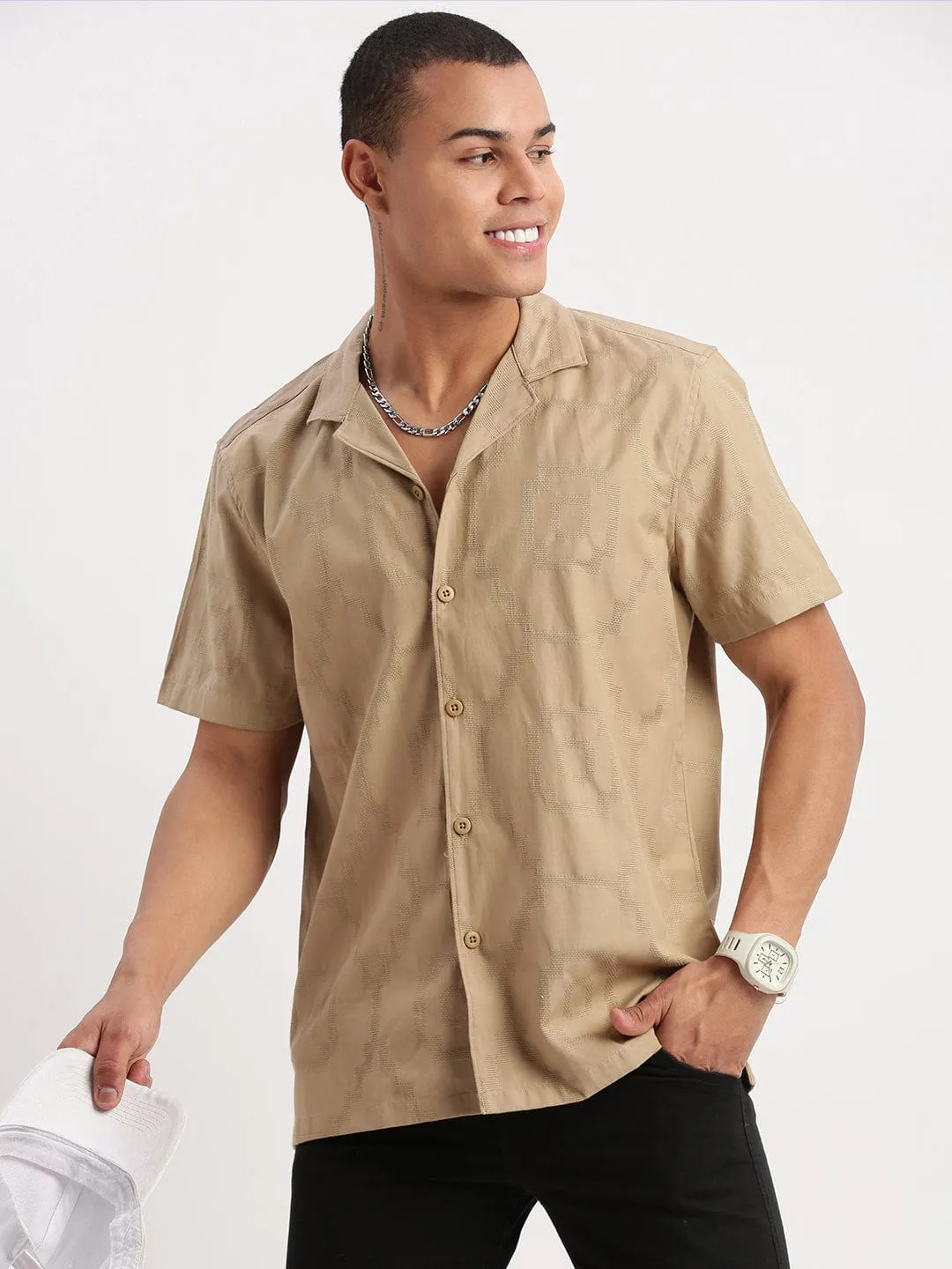 Sustain Glow Functional Jacket Men's Cuban Collar Solid Khaki Shirt