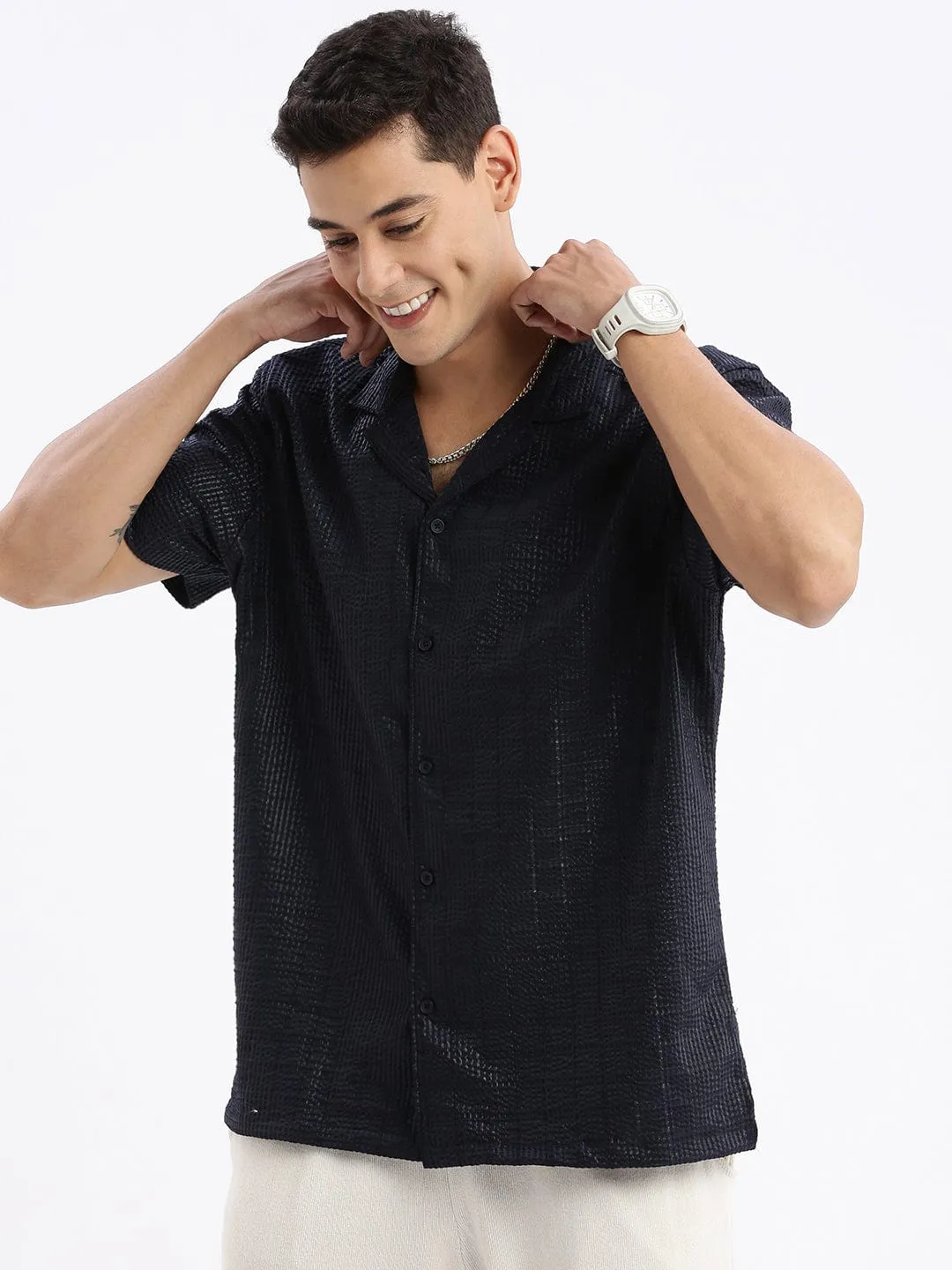 Spirit Core Men's Cuban Collar Solid Relaxed Fit Black Shirt