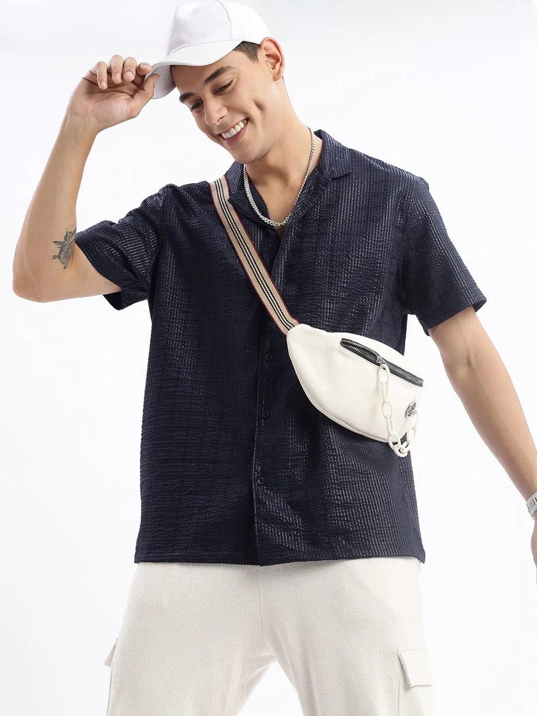 Men's Cuban Collar Solid Relaxed Fit Black Shirt Music Mood