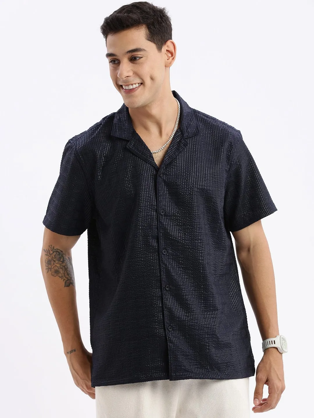 Men's Cuban Collar Solid Relaxed Fit Black Shirt NonRestrictive Design