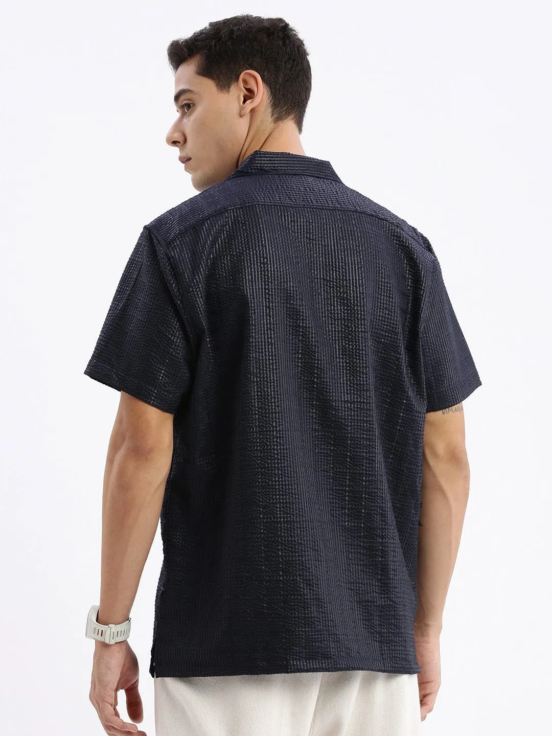 Recycled Polyester EcoFriendlyMaterial Men's Cuban Collar Solid Relaxed Fit Black Shirt