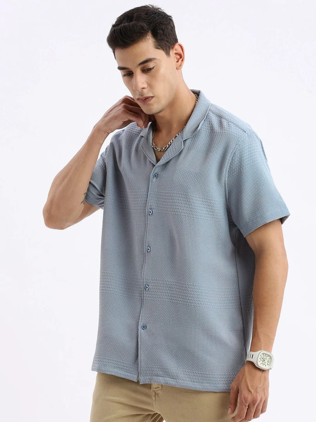Mediterranean Air Still Soul Men's Cuban Collar Solid Relaxed Fit Blue Casual Shirt