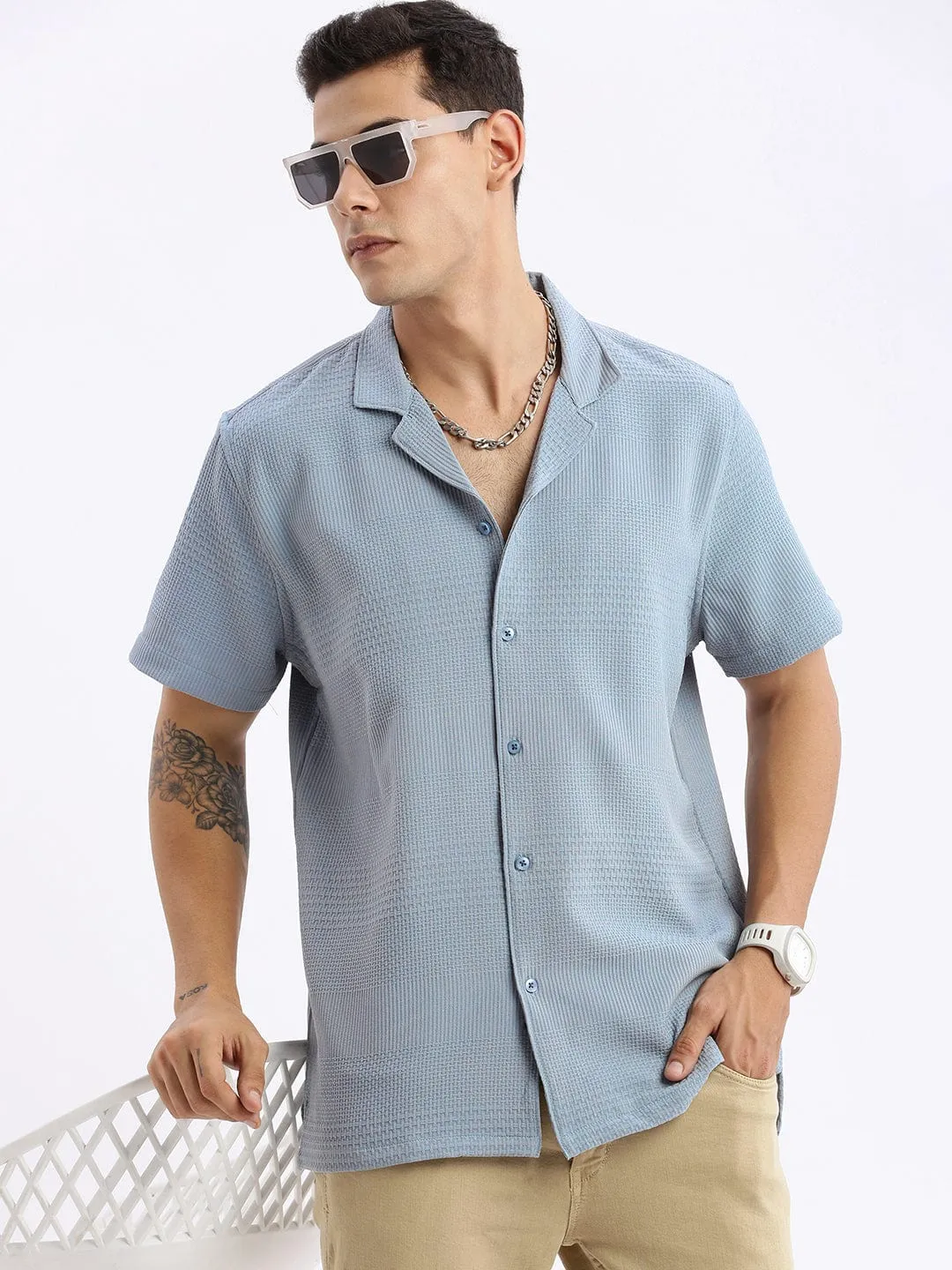 Comfortable Design HypoallergenicFabric Men's Cuban Collar Solid Relaxed Fit Blue Casual Shirt