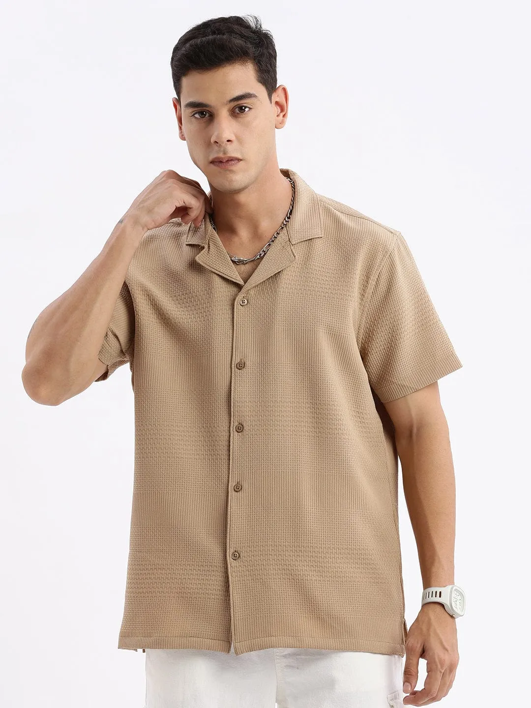 World Edge Casual Blouse Men's Cuban Collar Solid Relaxed Fit Khaki Shirt