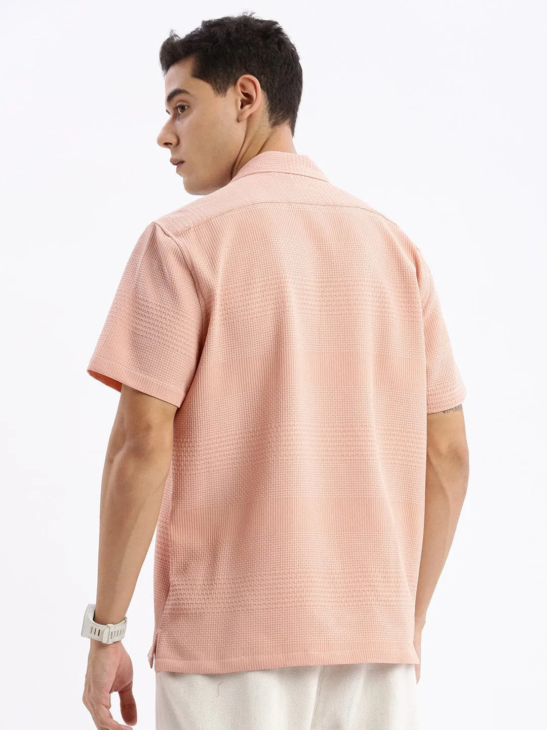 Functional Design Digital Glow Men's Cuban Collar Solid Relaxed Fit Peach Shirt
