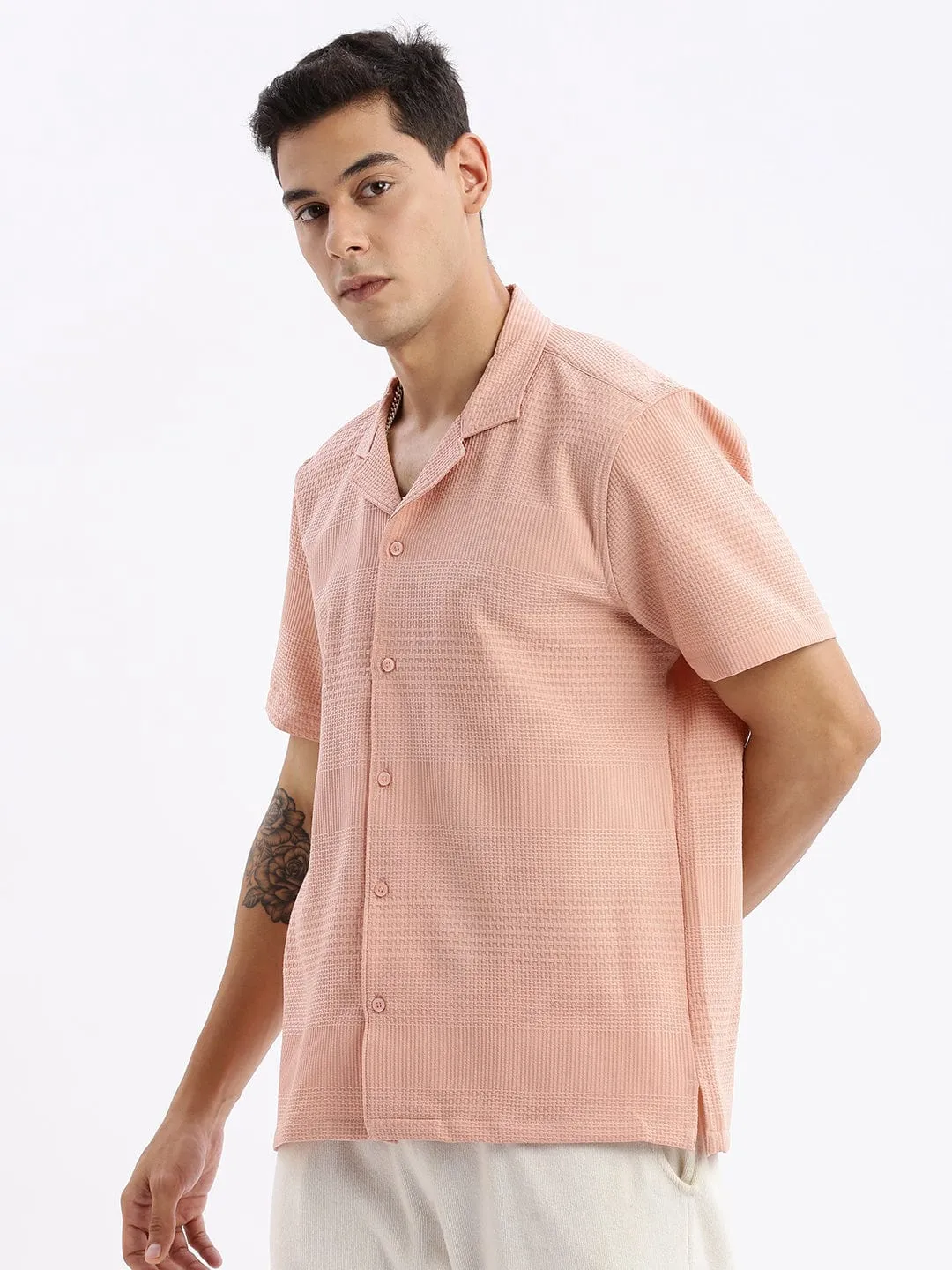 Men's Cuban Collar Solid Relaxed Fit Peach Shirt StretchFree
