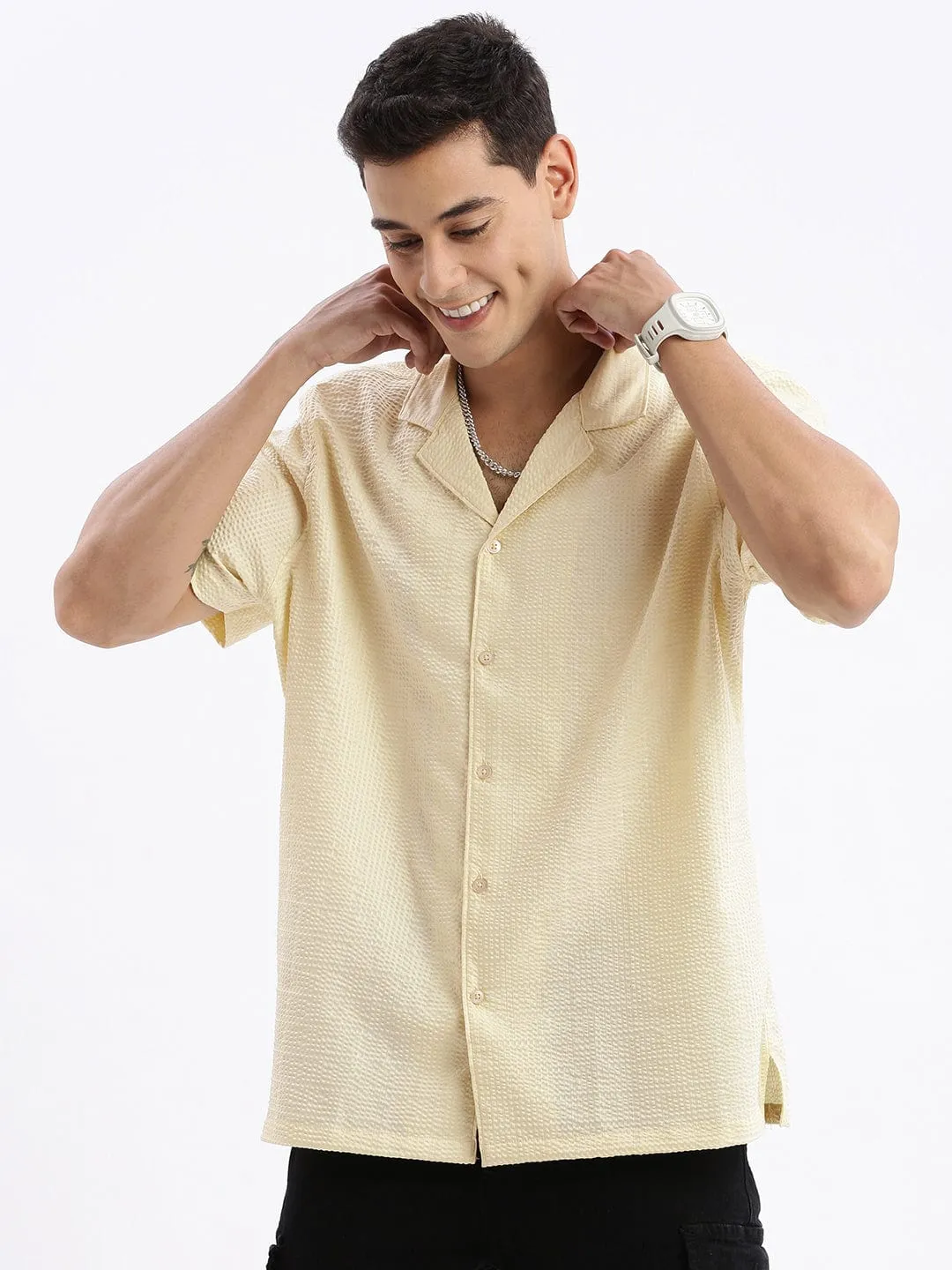 Ergonomic Pattern Men's Cuban Collar Solid Relaxed Fit Yellow Shirt