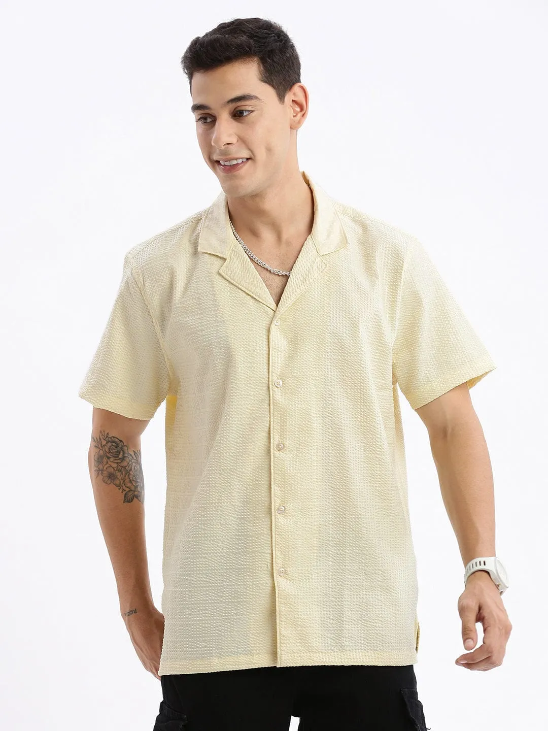 Men's Cuban Collar Solid Relaxed Fit Yellow Shirt HygroscopicFiber Sky Mood