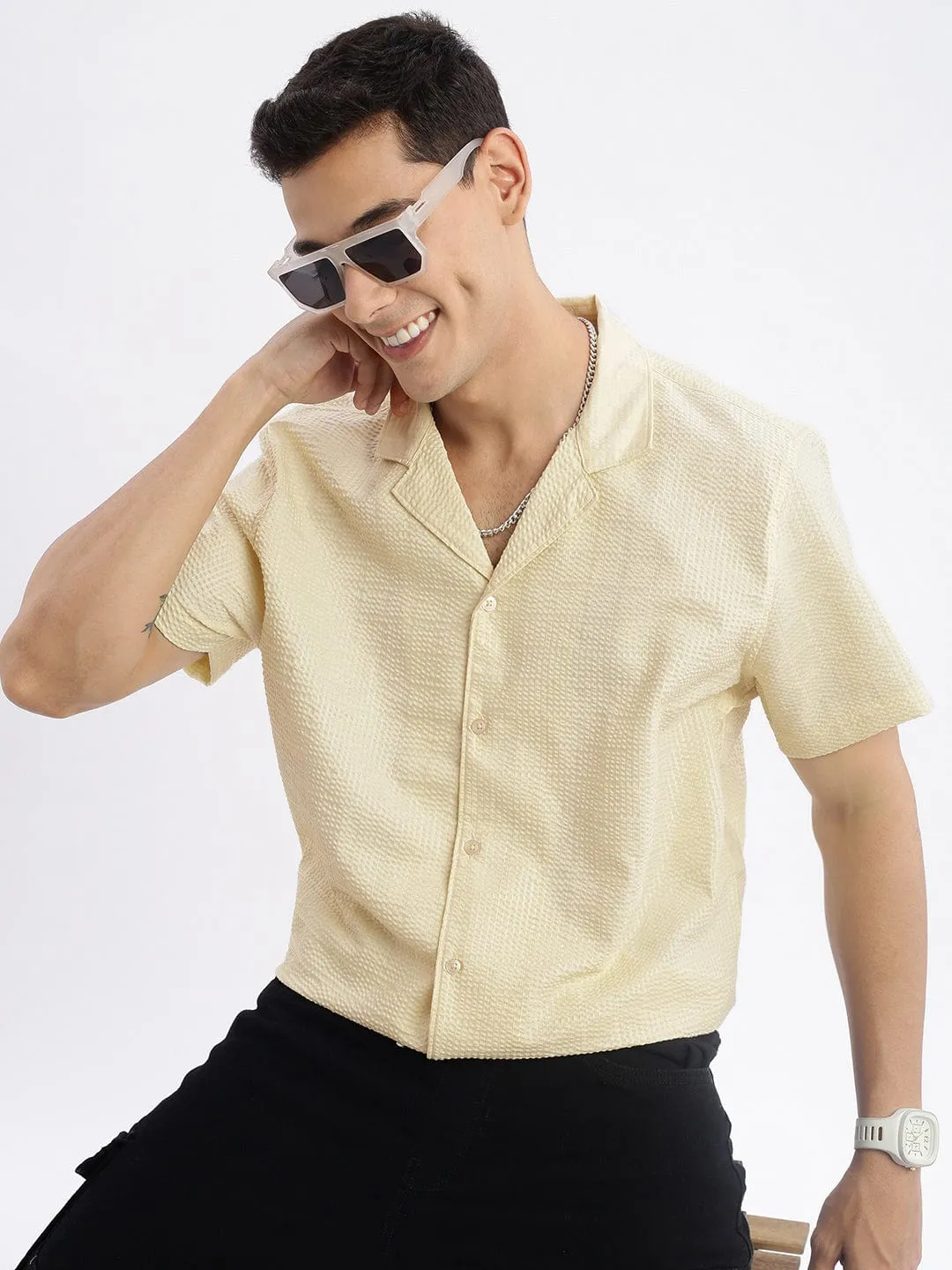Men's Cuban Collar Solid Relaxed Fit Yellow Shirt Seamless transition