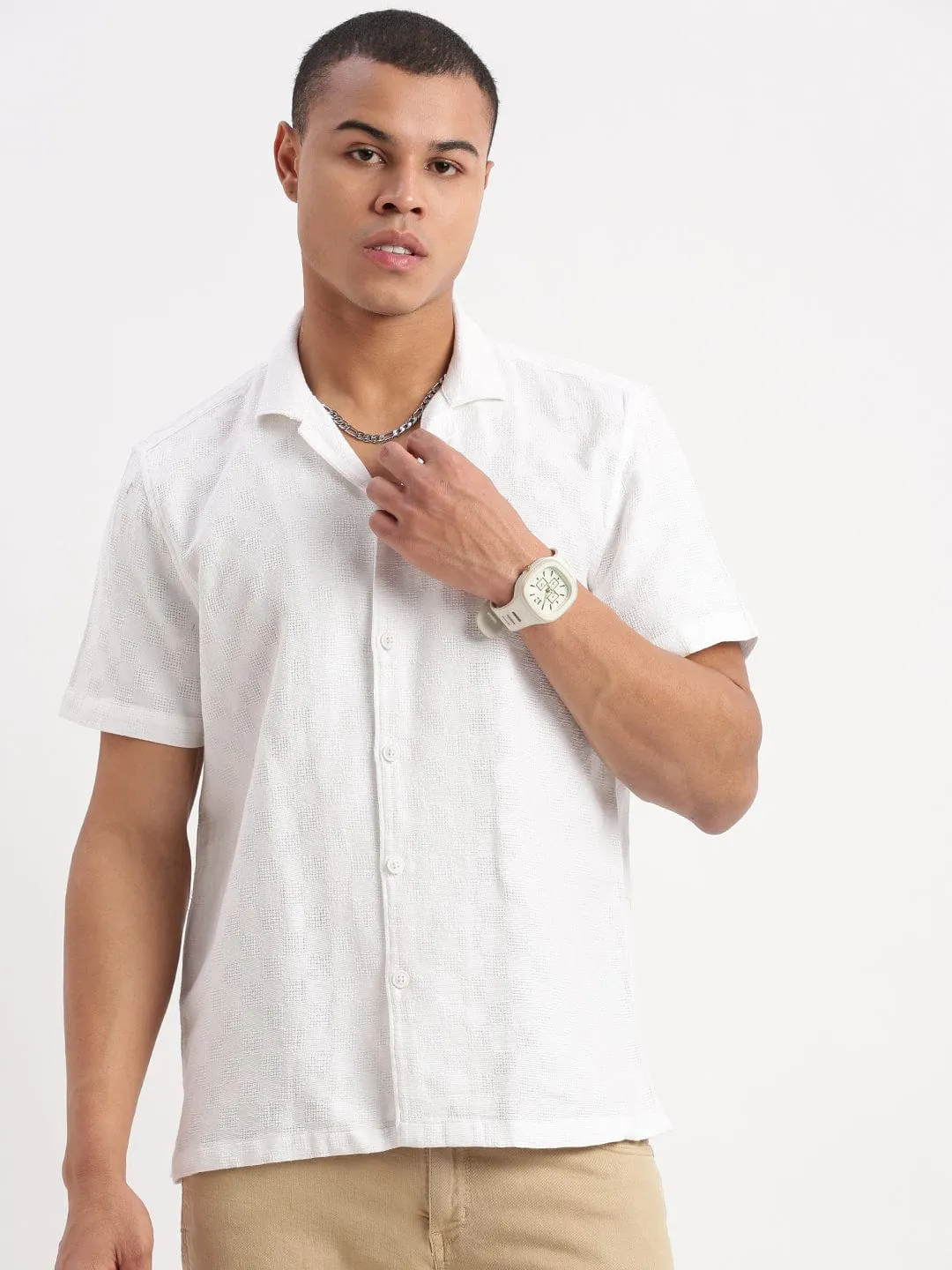 Pure Tone Men's Cuban Collar Solid White Casual Cotton Shirt