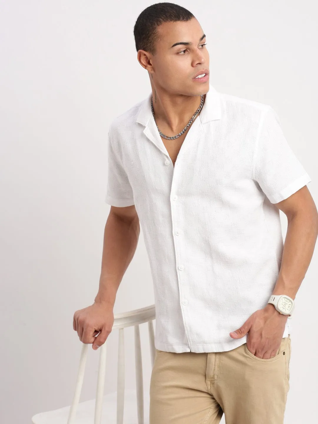 Men's Cuban Collar Solid White Casual Cotton Shirt Cold Weather FlexibleMaterial