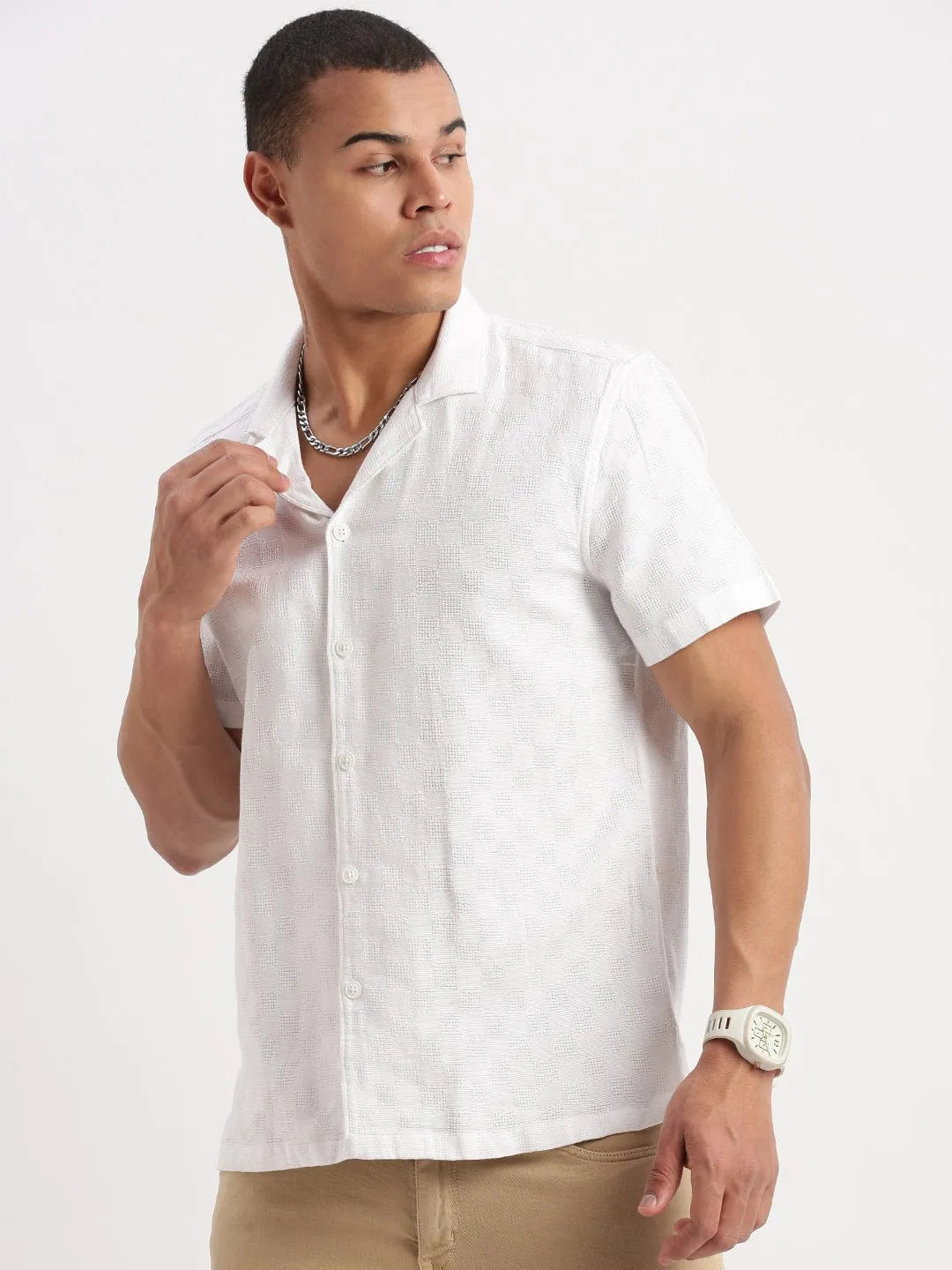 FadeResistant Dye Men's Cuban Collar Solid White Casual Cotton Shirt