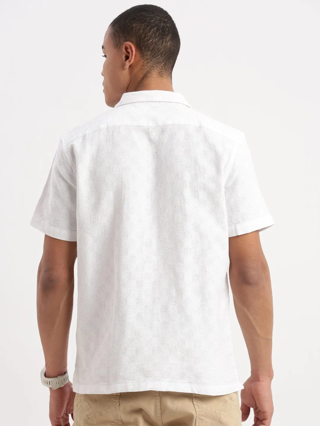 Men's Cuban Collar Solid White Casual Cotton Shirt Saga Fit NoRubEdging