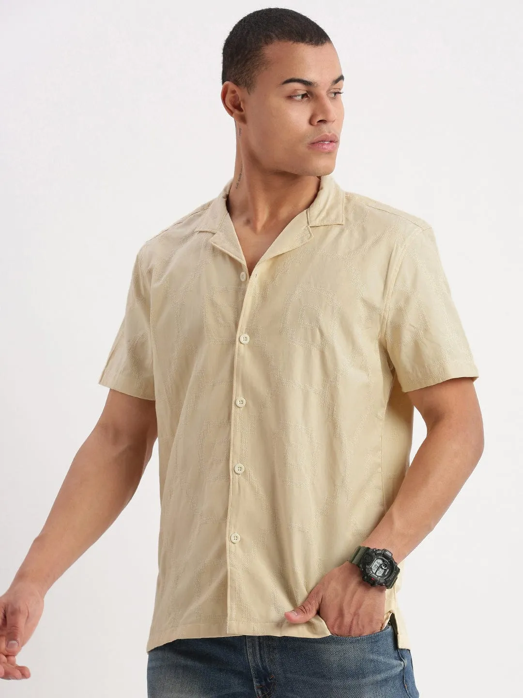 Men's Cuban Collar Solid Yellow Shirt Movement Friendly Reinforced Edges