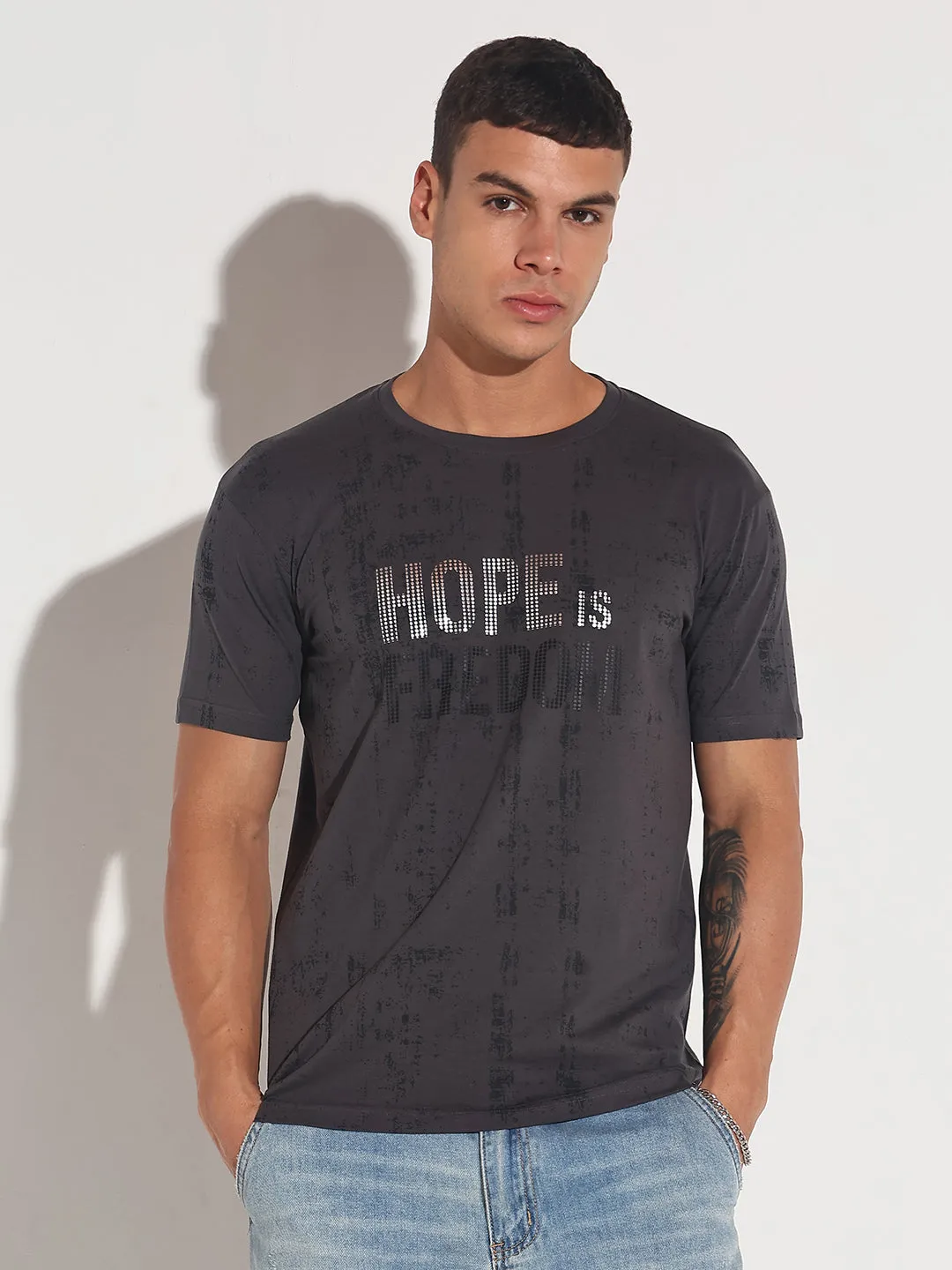 Men's Embellished Typography Grey Printed Round Neck Regular Fit T-Shirt DoubleStitchedEdges Gloss Fit