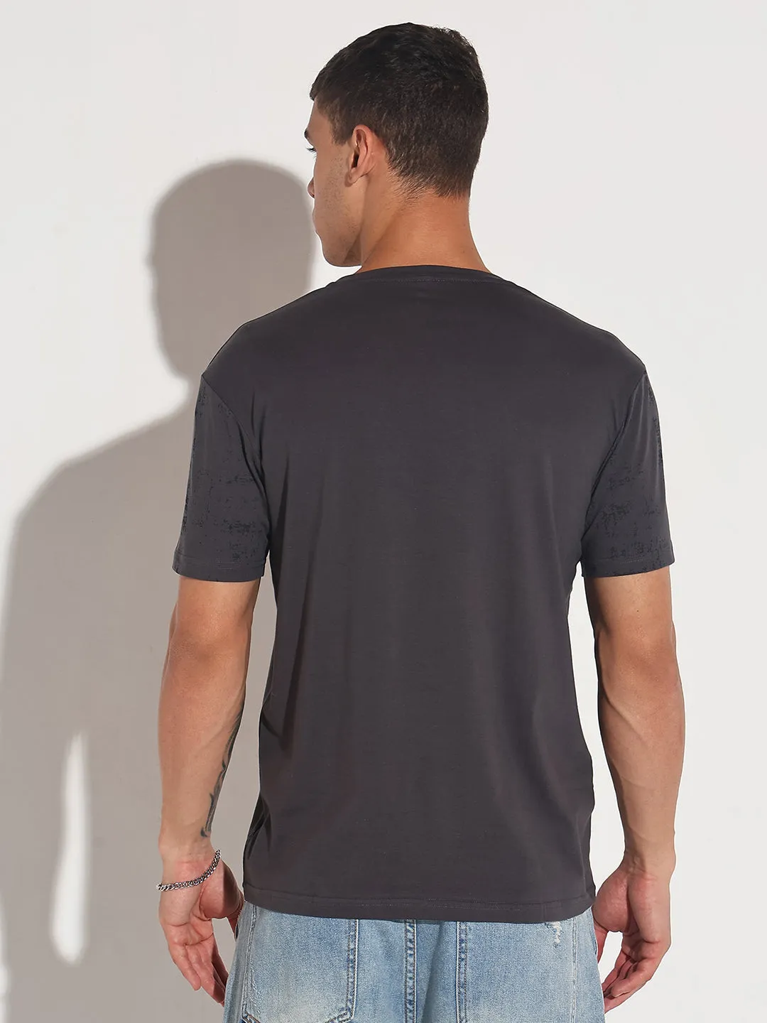 Men's Embellished Typography Grey Printed Round Neck Regular Fit T-Shirt Laid-Back Outfit Open Glow