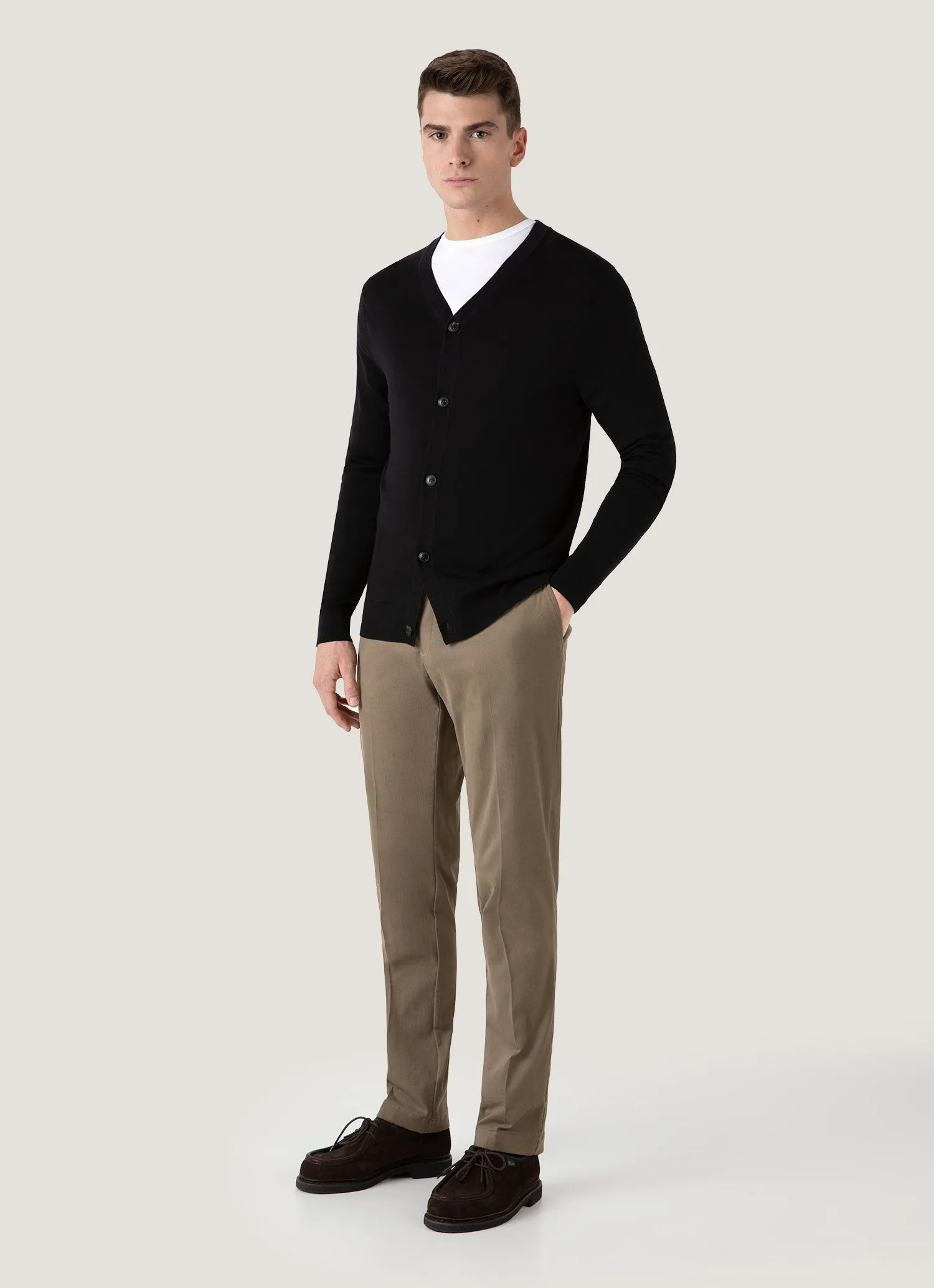 Men's Extra-Fine Merino Cardigan in Black Overlock Edge Finish