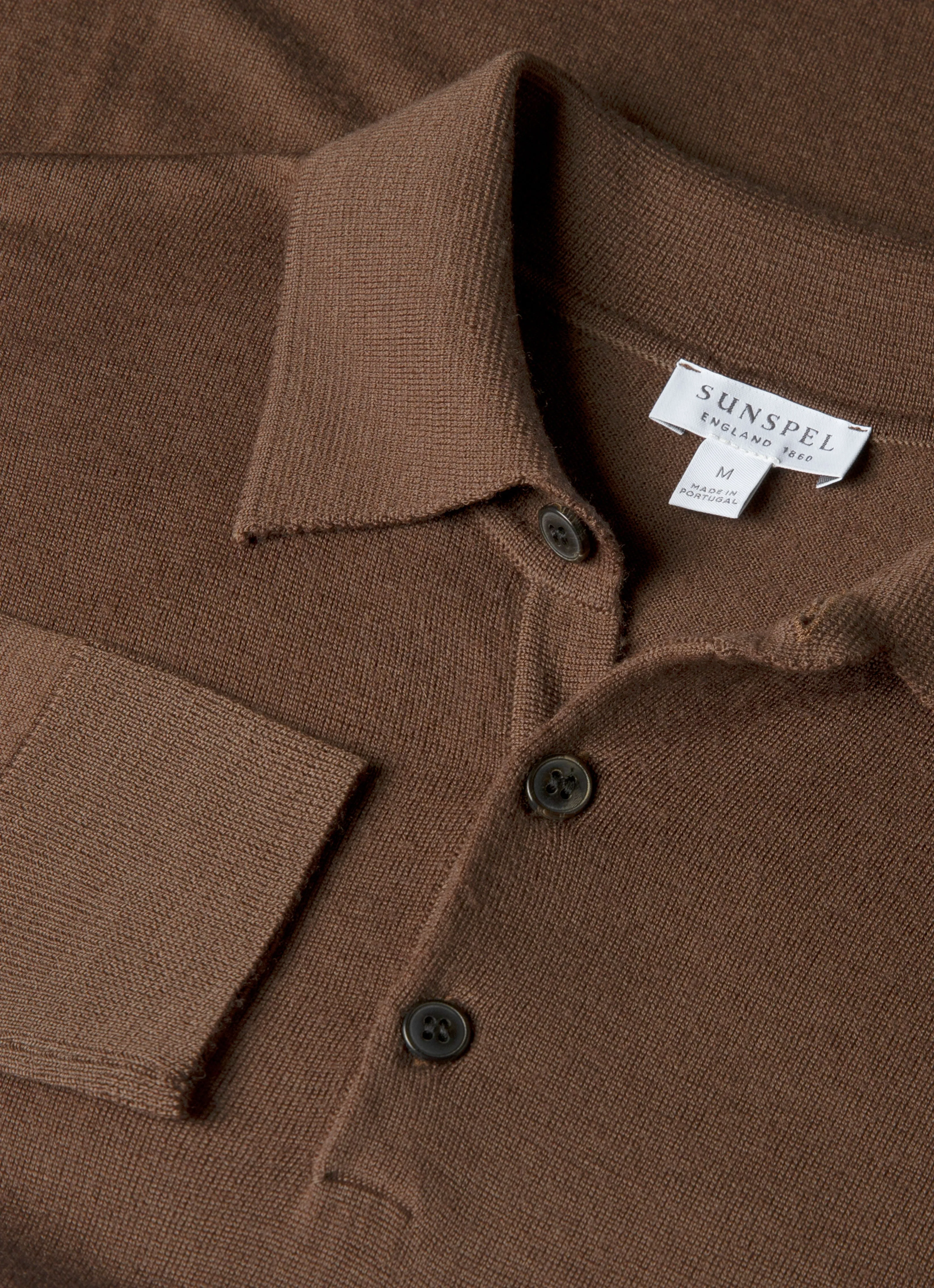 Men's Extra-Fine Merino Polo Shirt in Bark Snug Style City Warmth