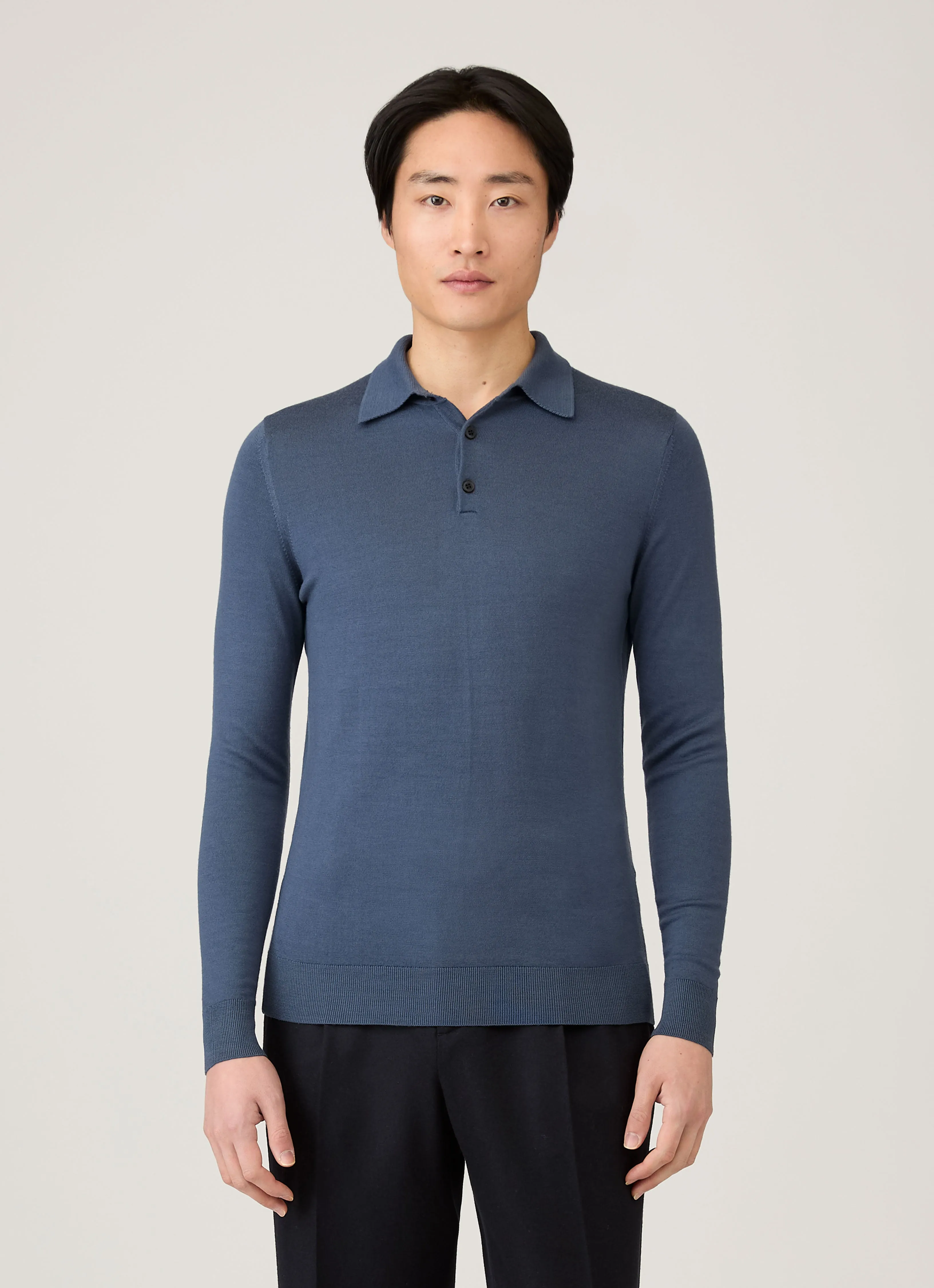 Jacquard Weave Merino Wool Men's Extra-Fine Merino Polo Shirt in Slate Blue