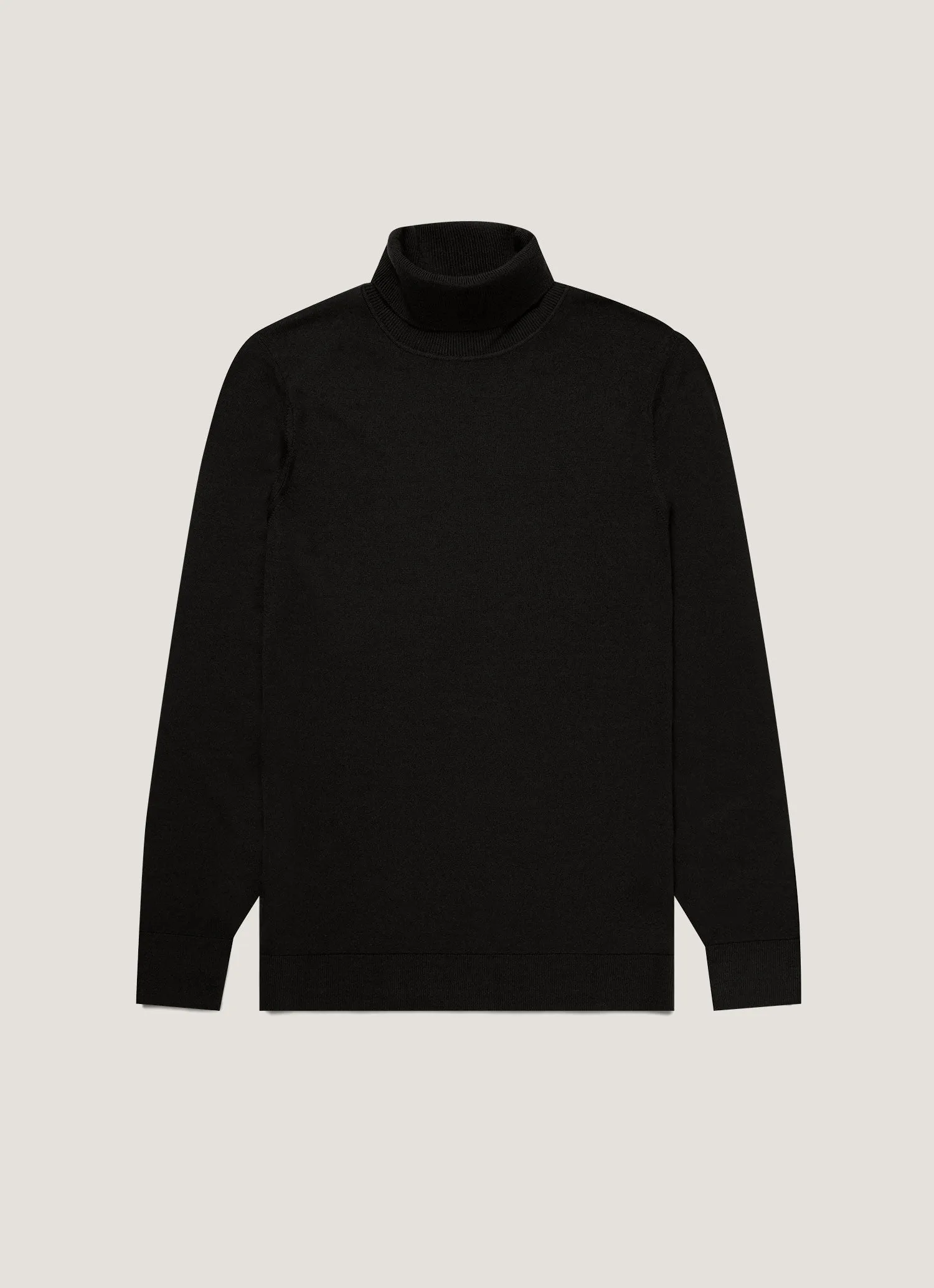 Ribbed Hemline Men's Extra-Fine Merino Roll Neck in Black