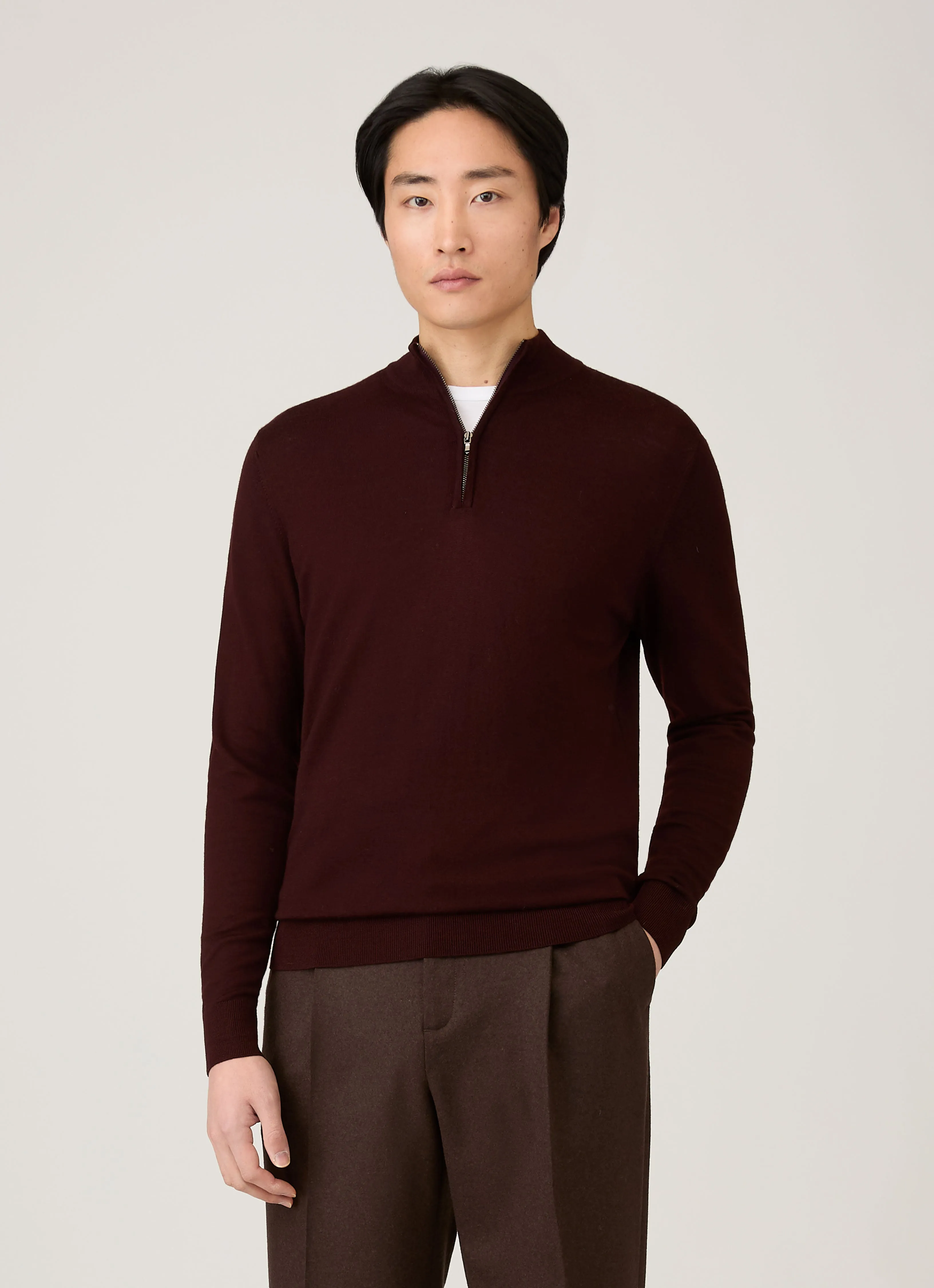Men's Extra-Fine Merino Zip Neck in Bakelite Essential Outfit Circular Knit Pattern