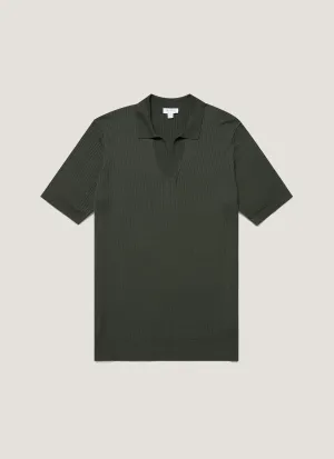 OdorResistant Fiber Flexible Side Gusset Men's Fine Rib Silk Cotton Polo Shirt in Dusk Green