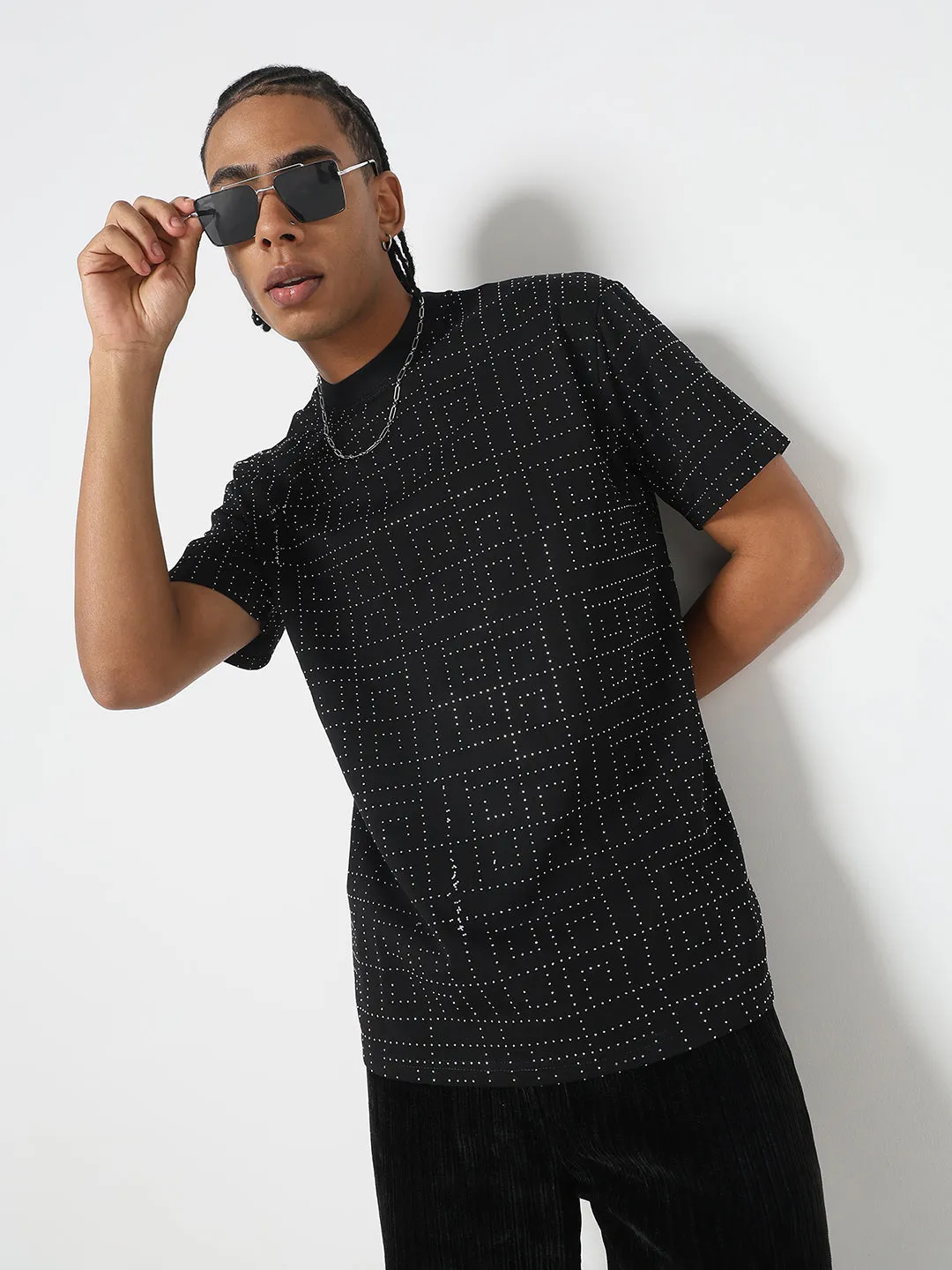 City Soul Men's Geometric Grid Black T-Shirt with Stone Embellishment
