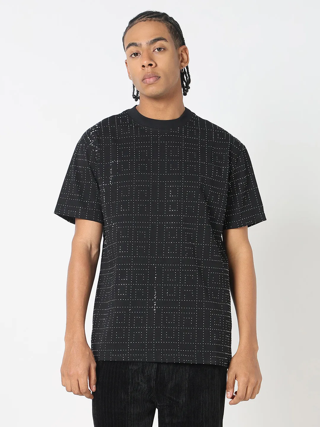 Men's Geometric Grid Black T-Shirt with Stone Embellishment Active Look