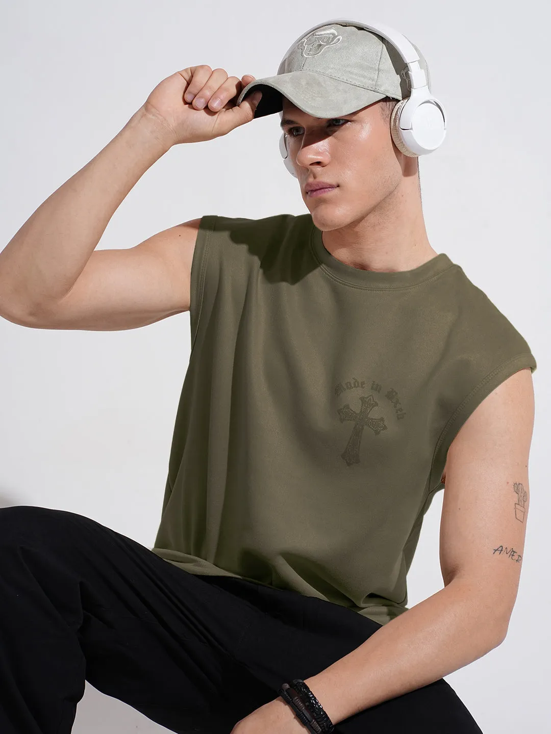 Men's Graphic Olive Regular Fit Sleeveless T-Shirt EcoFriendlyProduction