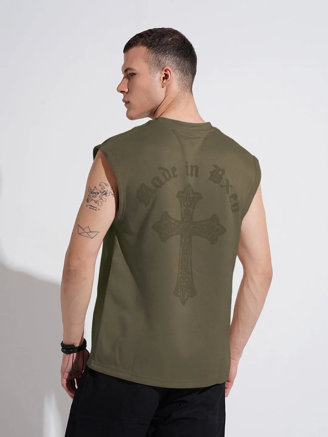 DurableStitching Men's Graphic Olive Regular Fit Sleeveless T-Shirt