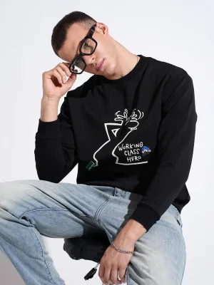 Men's Graphic Print Black Round Neck Ribbed Regular Fit Sweatshirt Lounge Style Weekend Layer