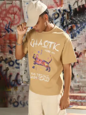 Dry Touch Men's Graphic Printed Beige Relaxed Fit T-Shirt
